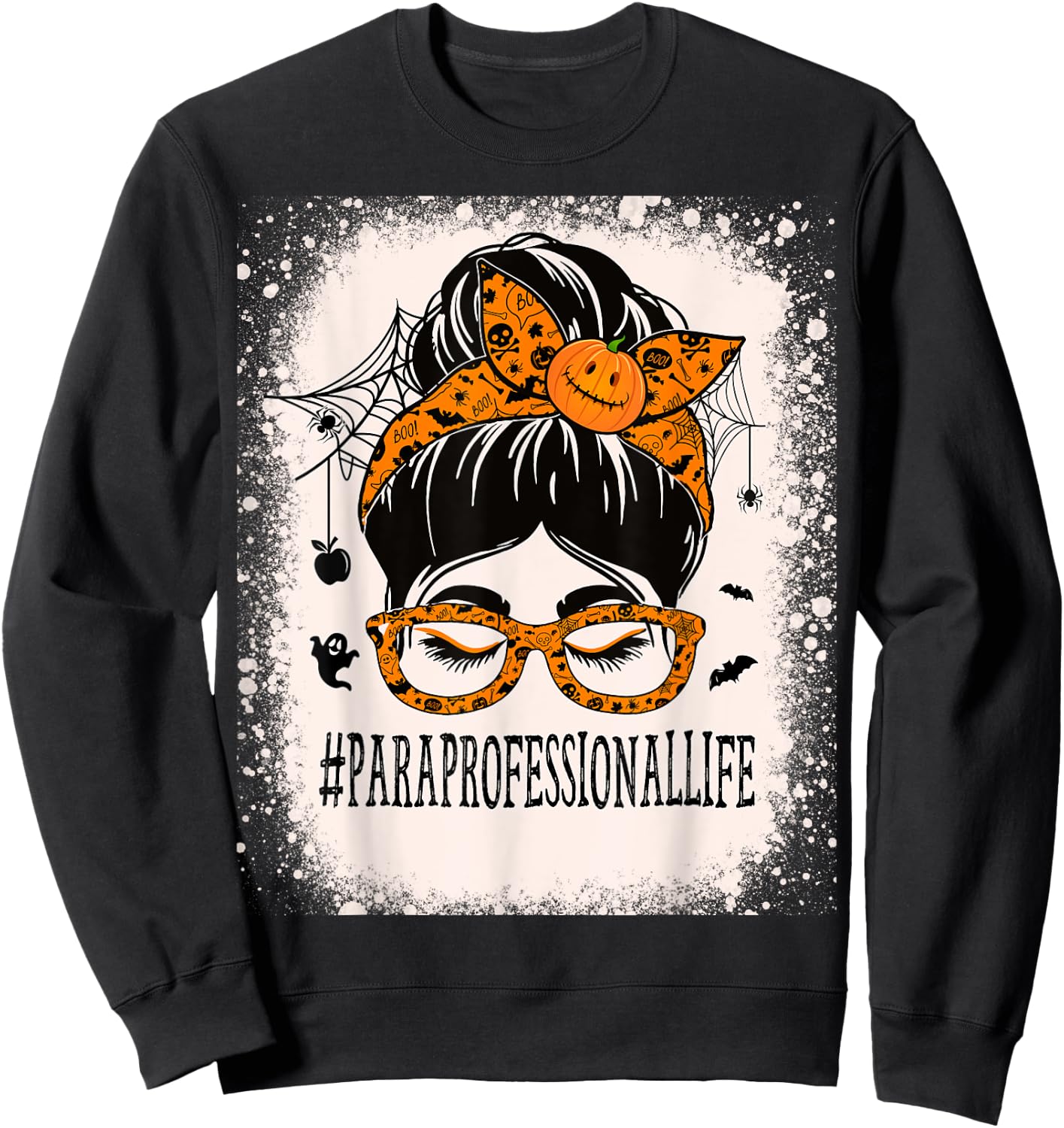 Paraprofessional Halloween Messy Bun Paraeducator Sweatshirt - Sweatshirt | Black