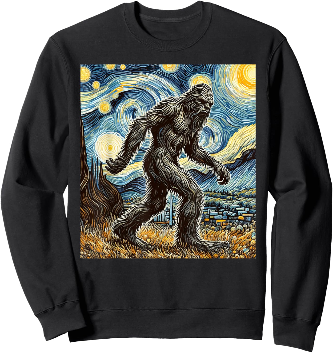 Funny Bigfoot Starry Night Sasquatch Van Gogh Sky Painting Sweatshirt - Sweatshirt | Black
