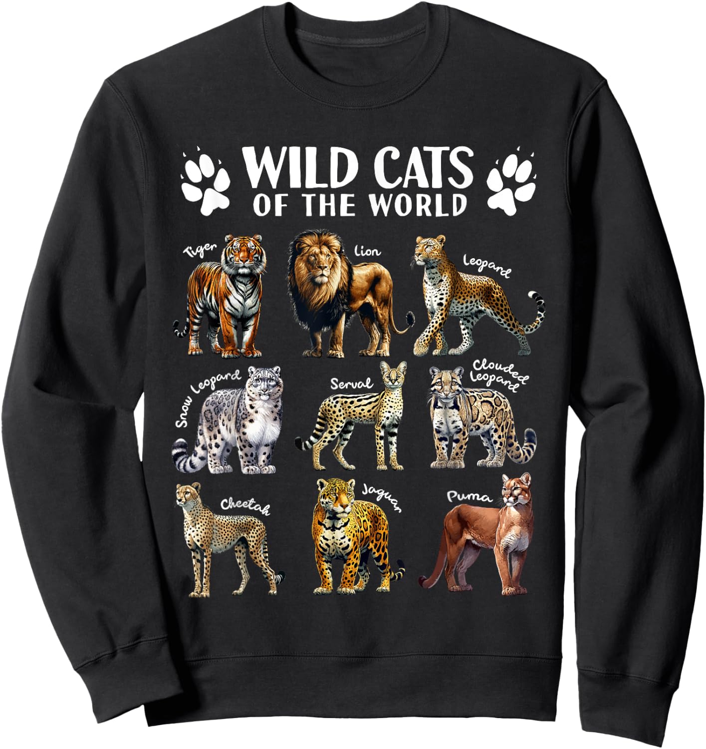 Wild Cats of the World Educational Animal Big Cat Types Sweatshirt - Sweatshirt | Black