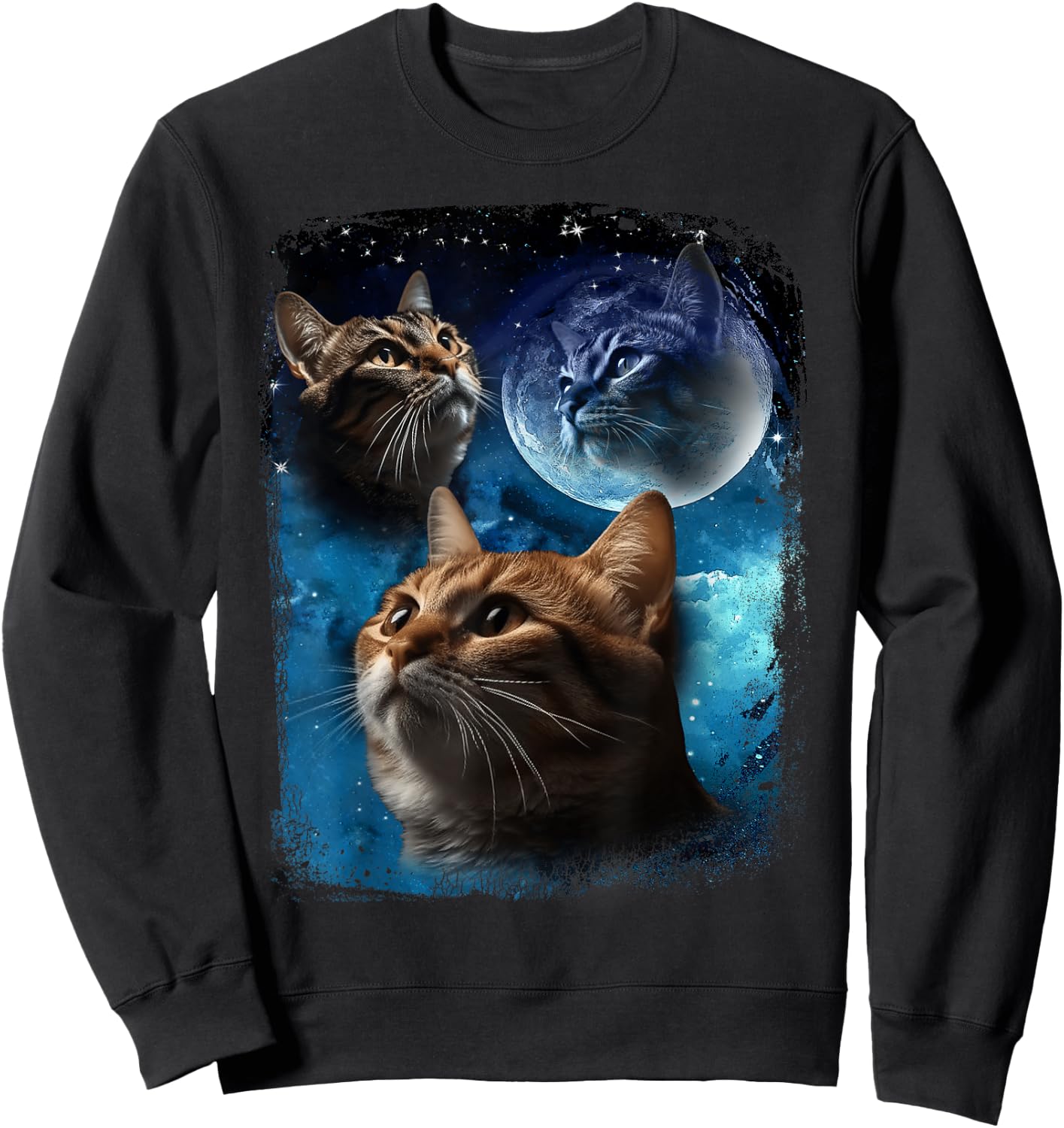Three Cats Howl at Moon Vintage Funny Cat Howling wolf meme Sweatshirt - Sweatshirt | Black