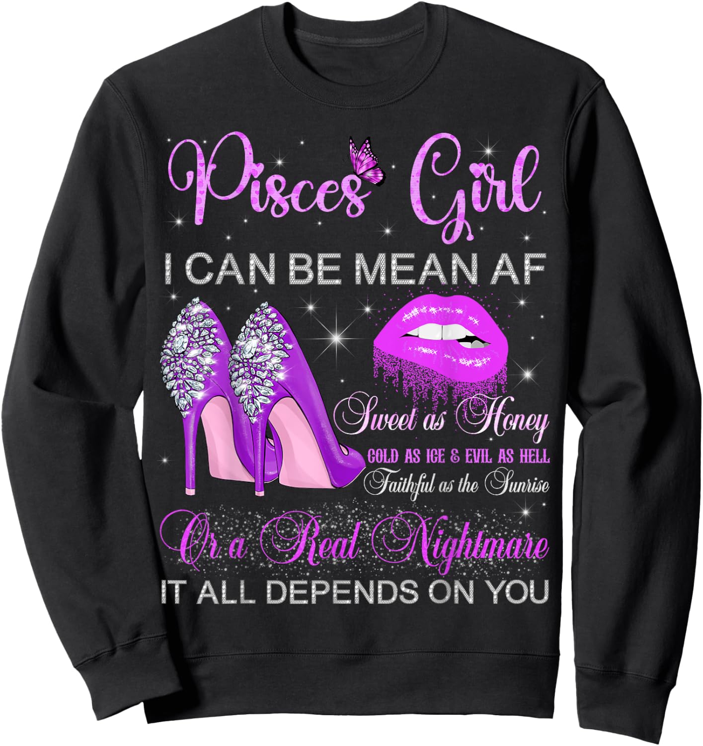 Pisces Girl Birthday High Heels Dripping Lips Zodiac Women Sweatshirt - Sweatshirt | Black