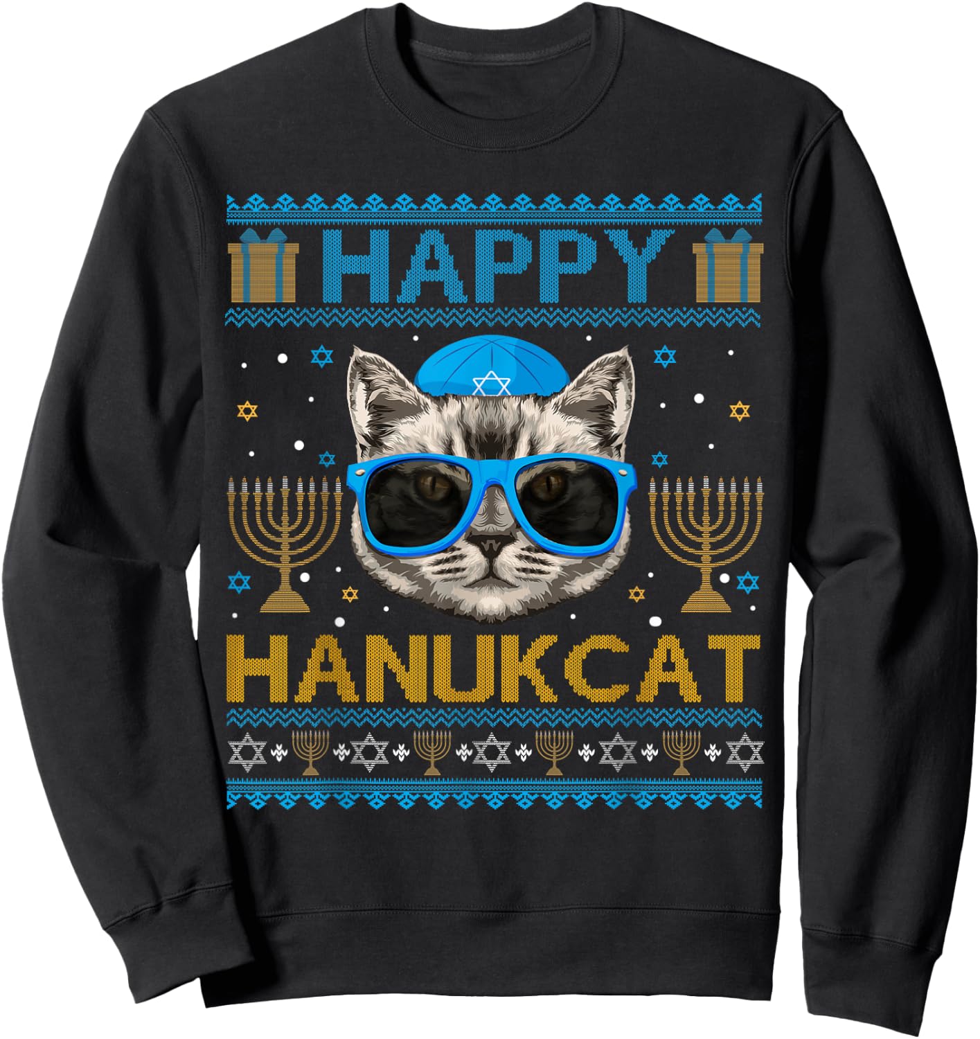 Happy Hanukcat Ugly Hanukkah Sweater Cat Chanukah Jewish Sweatshirt - Sweatshirt | Black