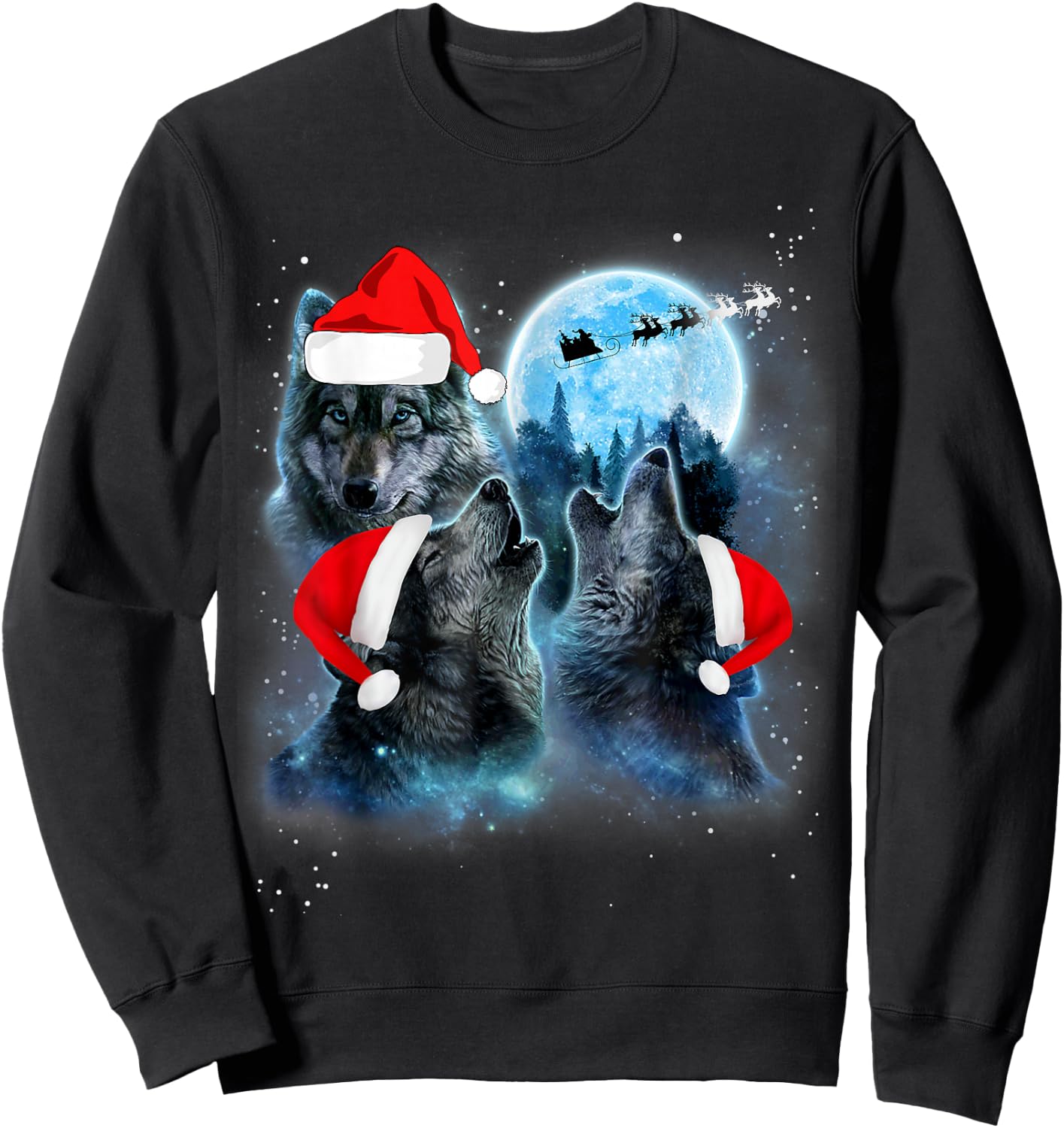 Three Wolves Howling Under Moon Christmas Santa Wolf Lover Sweatshirt - Sweatshirt | Black