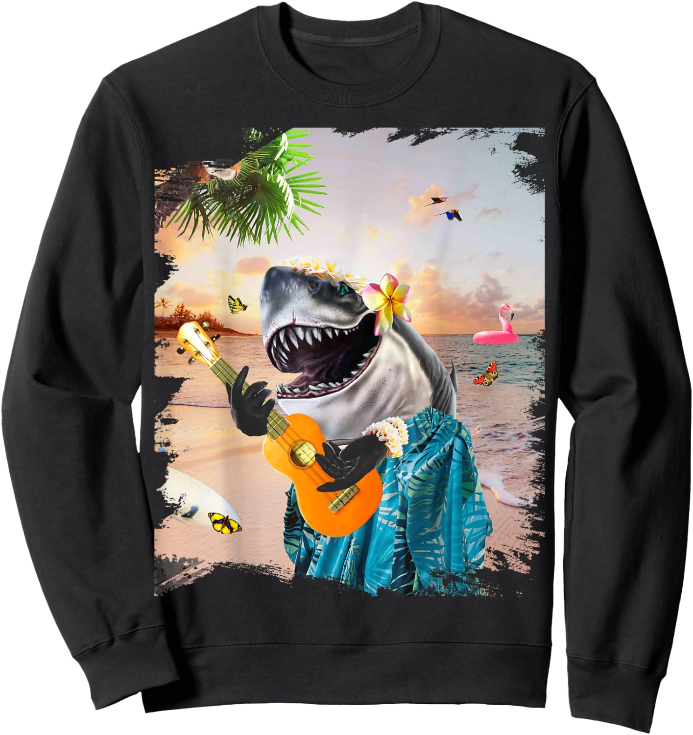 Aloha Hawaiian Shark Playing Ukulele Beach Funny Men Women Girls Kids Sweatshirt - Sweatshirt | Black