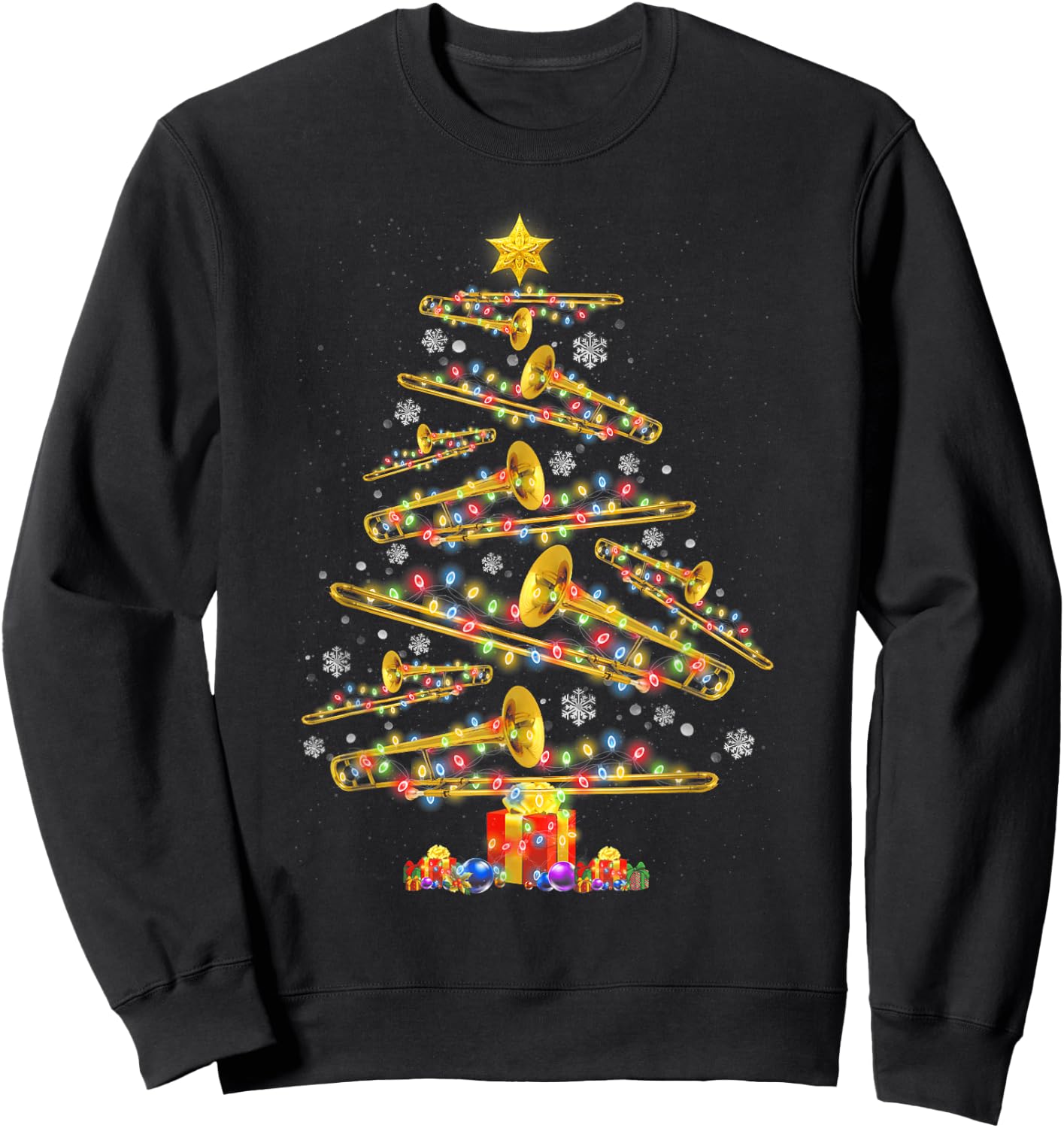 Christmas Trombone Player Xmas Tree Jazz Music Lover Santa Sweatshirt - Sweatshirt | Black