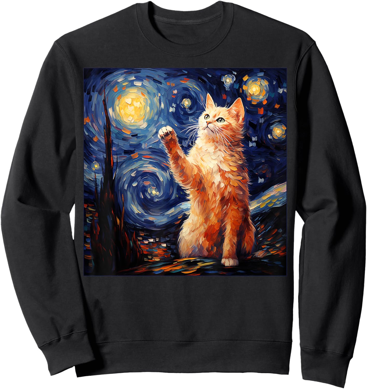 Art Van Gogh Starry Night Cat Gifts for Cats Lover Mom Dad Sweatshirt - Sweatshirt | Black