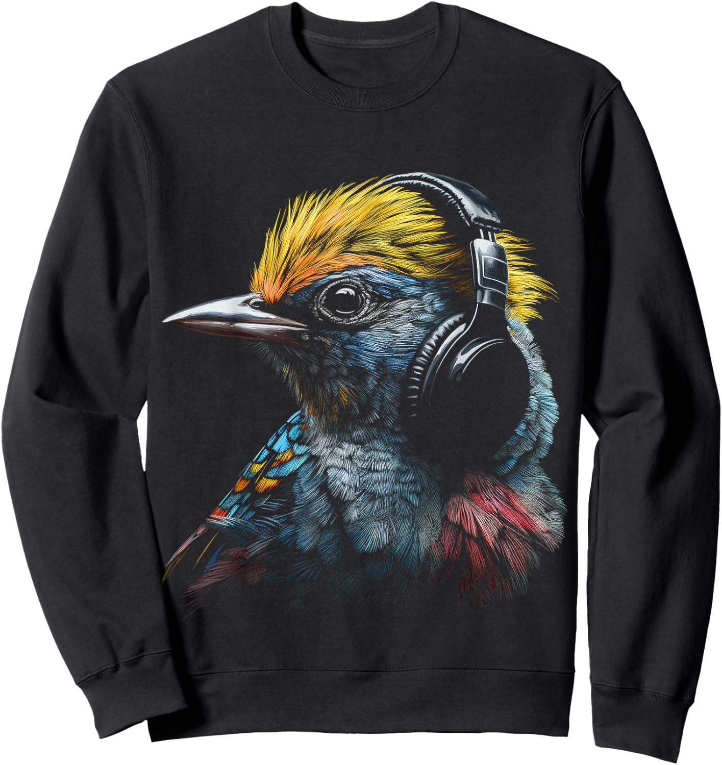 Bird Headphones Artwork | Music Animal Motif Bird Sweatshirt - Sweatshirt | Black