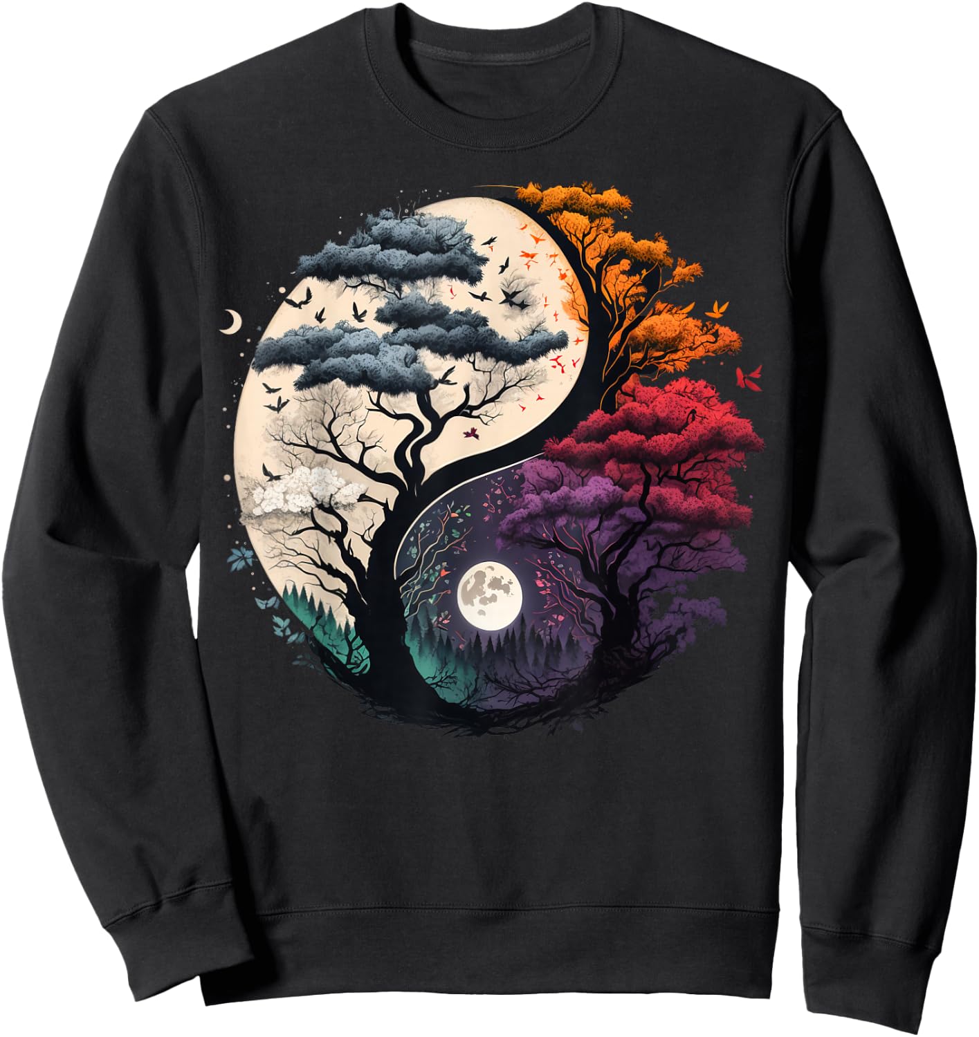Harmony Feng Shui Taoist Yin Yang Balance symbol Adults Black Tree of Life Yin Yang Small (6/8) Short Sleeve Sweatshirt - Sweatshirt | Black
