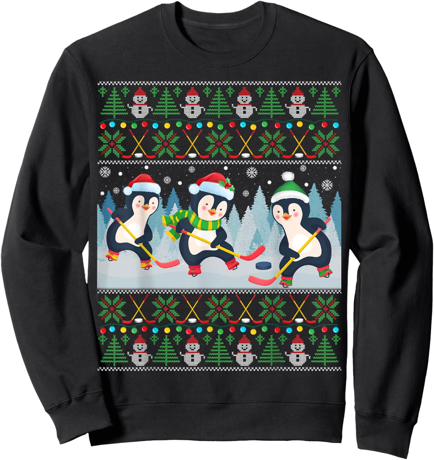 Penguin Playing Hockey Ugly Christmas Sweater Penguin Santa Sweatshirt - Sweatshirt | Black