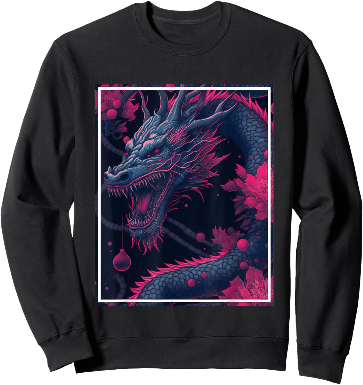Dragon Japan Cherry Blossoms Japanese Neon Flowers Sweatshirt - Sweatshirt | Black