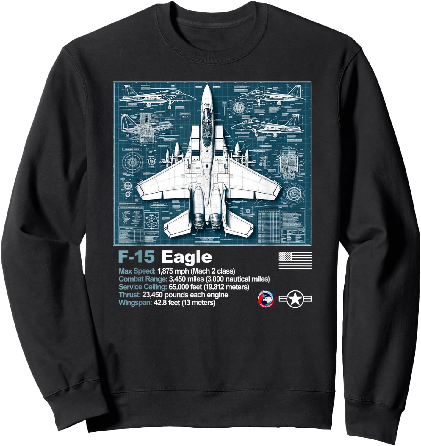 F15 Fighter Jet Blueprint Technical Drawings and Specs Sweatshirt - Sweatshirt | Black