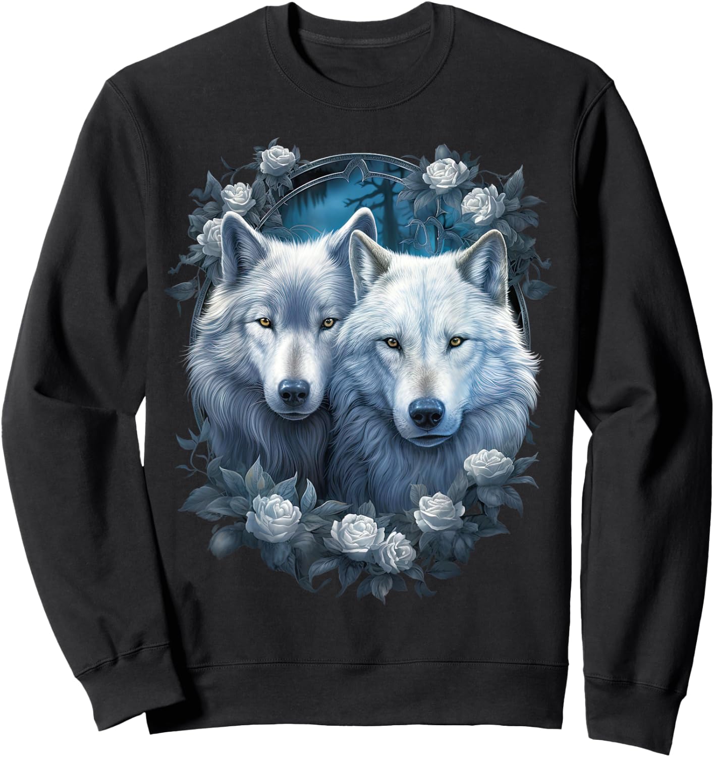 Wolf Wolves with white Roses Fantasy Art Wildlife Sweatshirt - Sweatshirt | Black