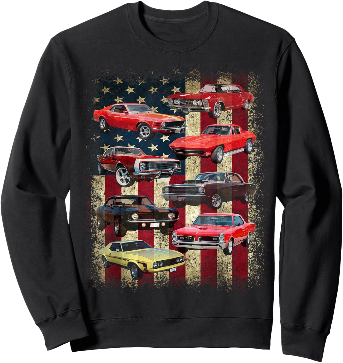 Vintage Classic Muscle Car Retro American Flag Patriotic Sweatshirt - Sweatshirt | Black