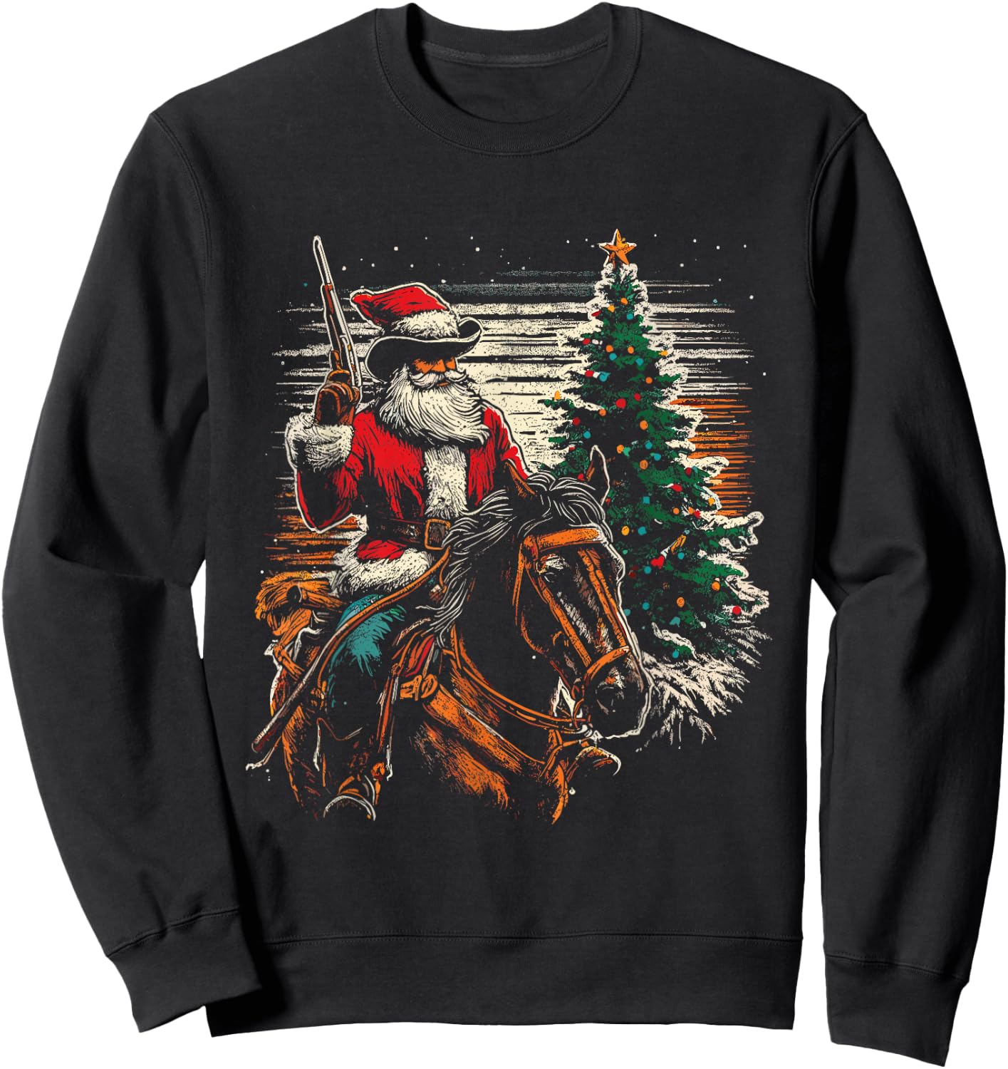 Santa Claus Cowboy - Vintage Christmas Tree Cowboy Lover Sweatshirt - Sweatshirt | Black