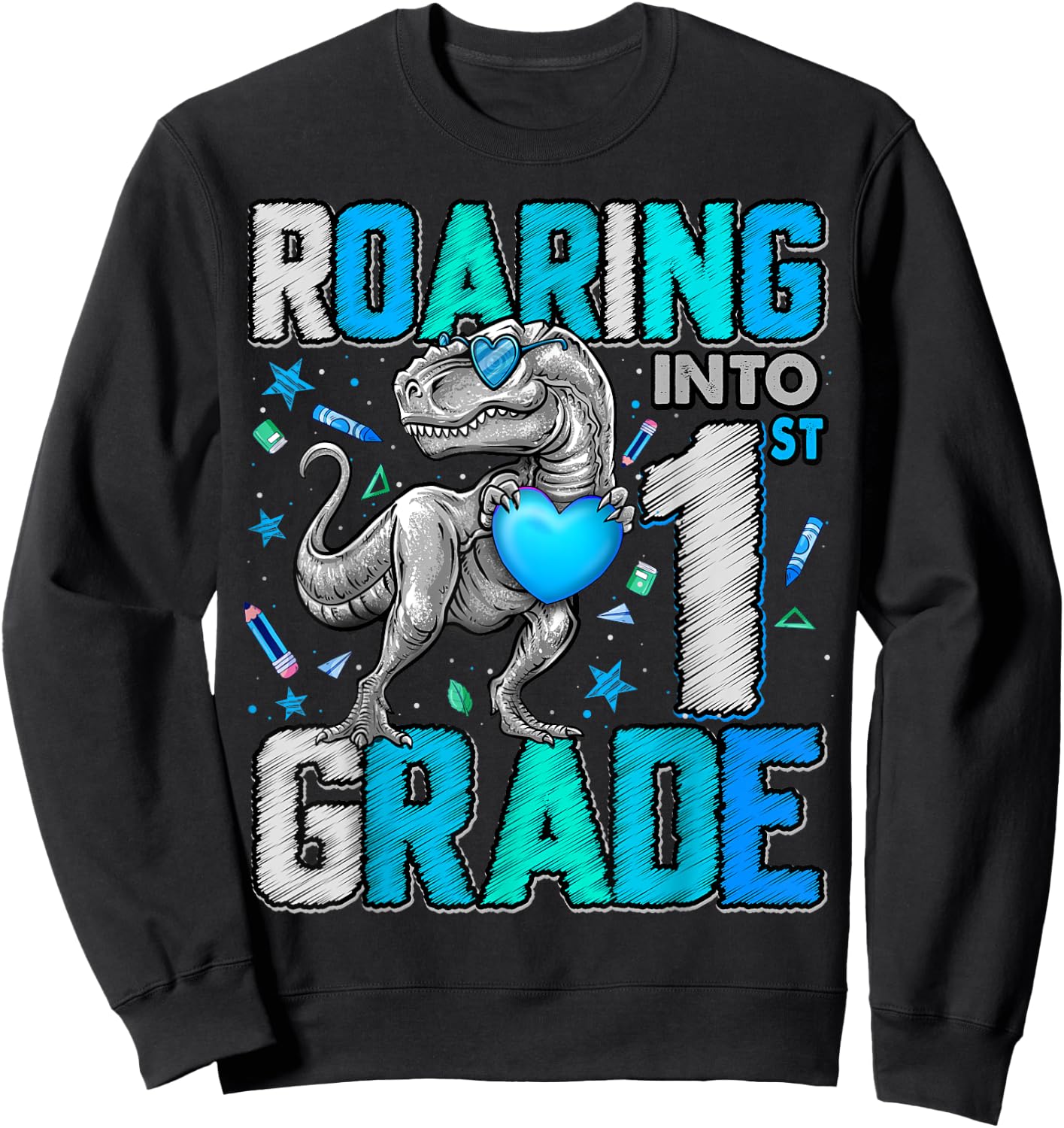 Roaring Into 1st Grade Dinosaur T Rex Back To School Boys Sweatshirt - Sweatshirt | Black