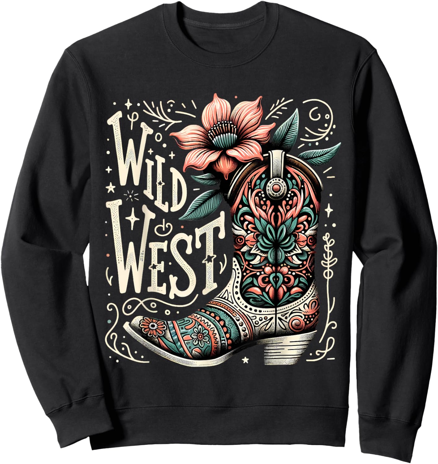 Wild West Country Music Vintage Cowgirl Boot Western Flower Sweatshirt - Sweatshirt | Black