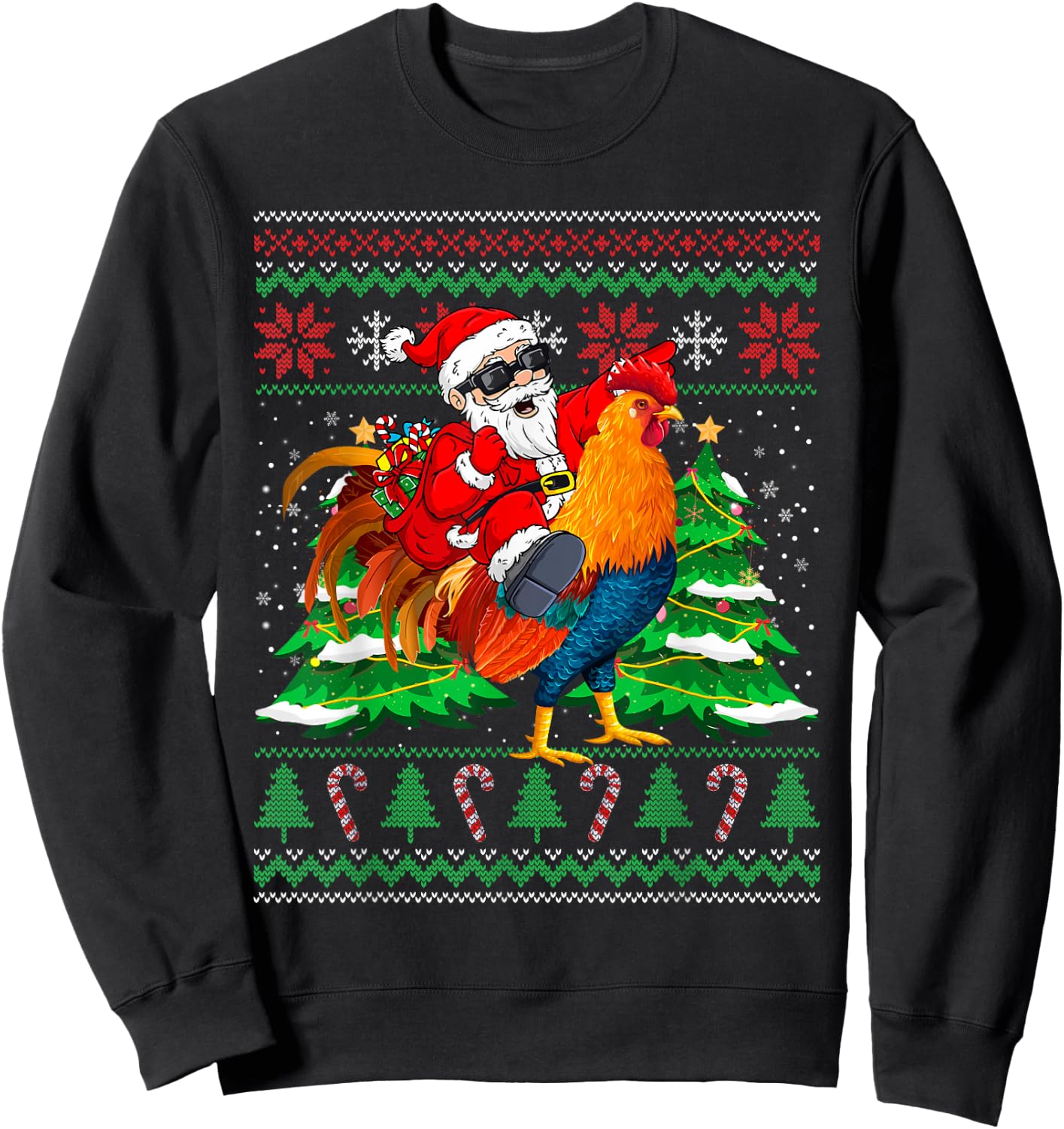 Santa With Rooster Christmas Tree Farmer Ugly Xmas Sweater Sweatshirt - Sweatshirt | Black