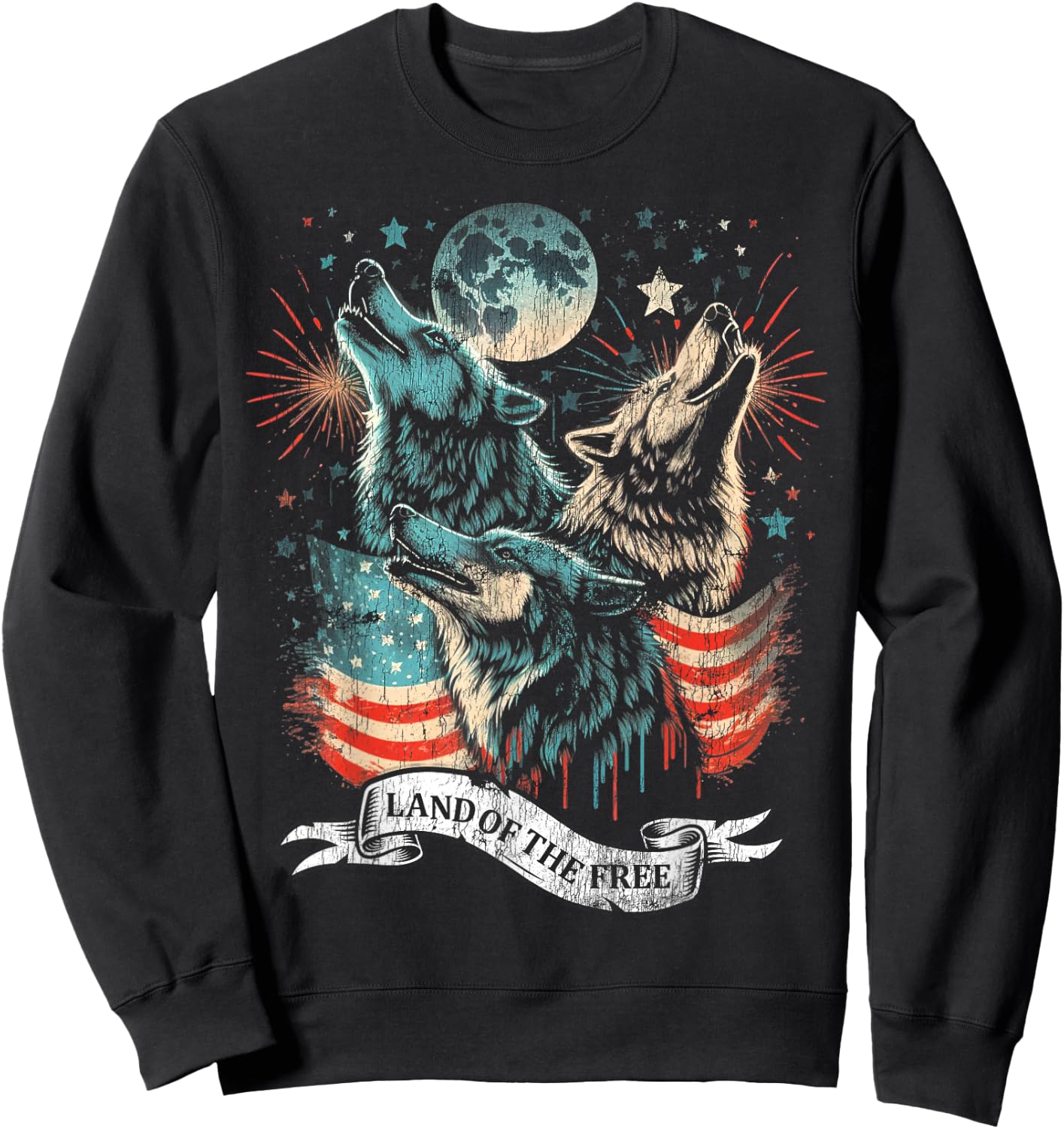Wolf 4th of July American Flag Howling America Moon Funny Kids Men Sweatshirt - Sweatshirt | Black