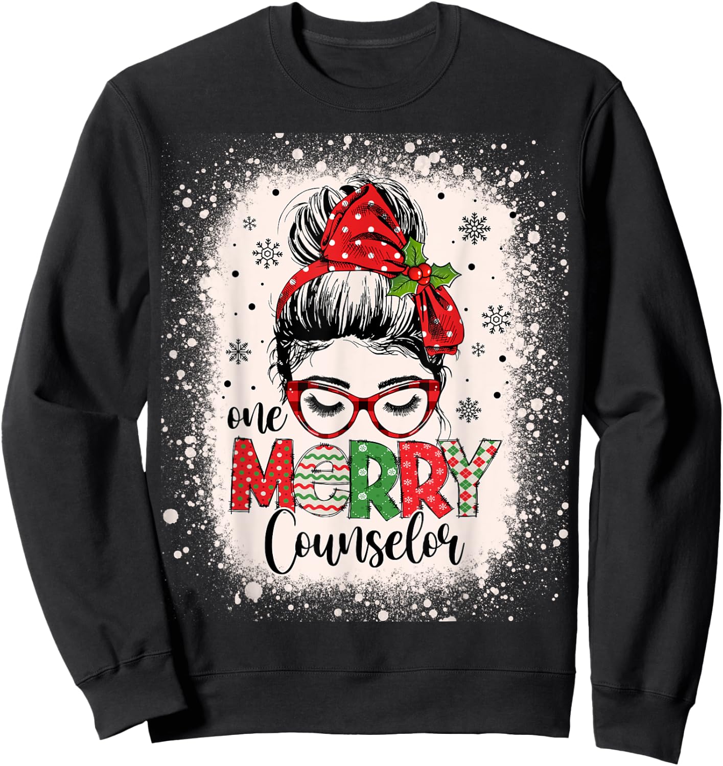 One Merry Counselor Messy Bun Christmas Counseling Sweatshirt - Sweatshirt | Black