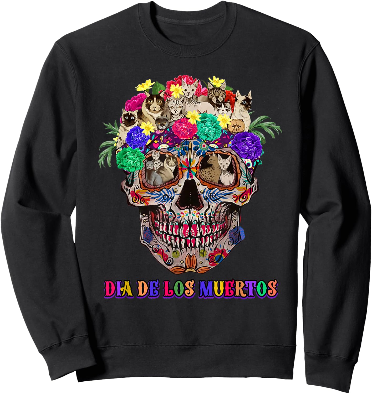 Dia De Los Muertos day of the-dead cat sugar skull Sweatshirt - Sweatshirt | Black