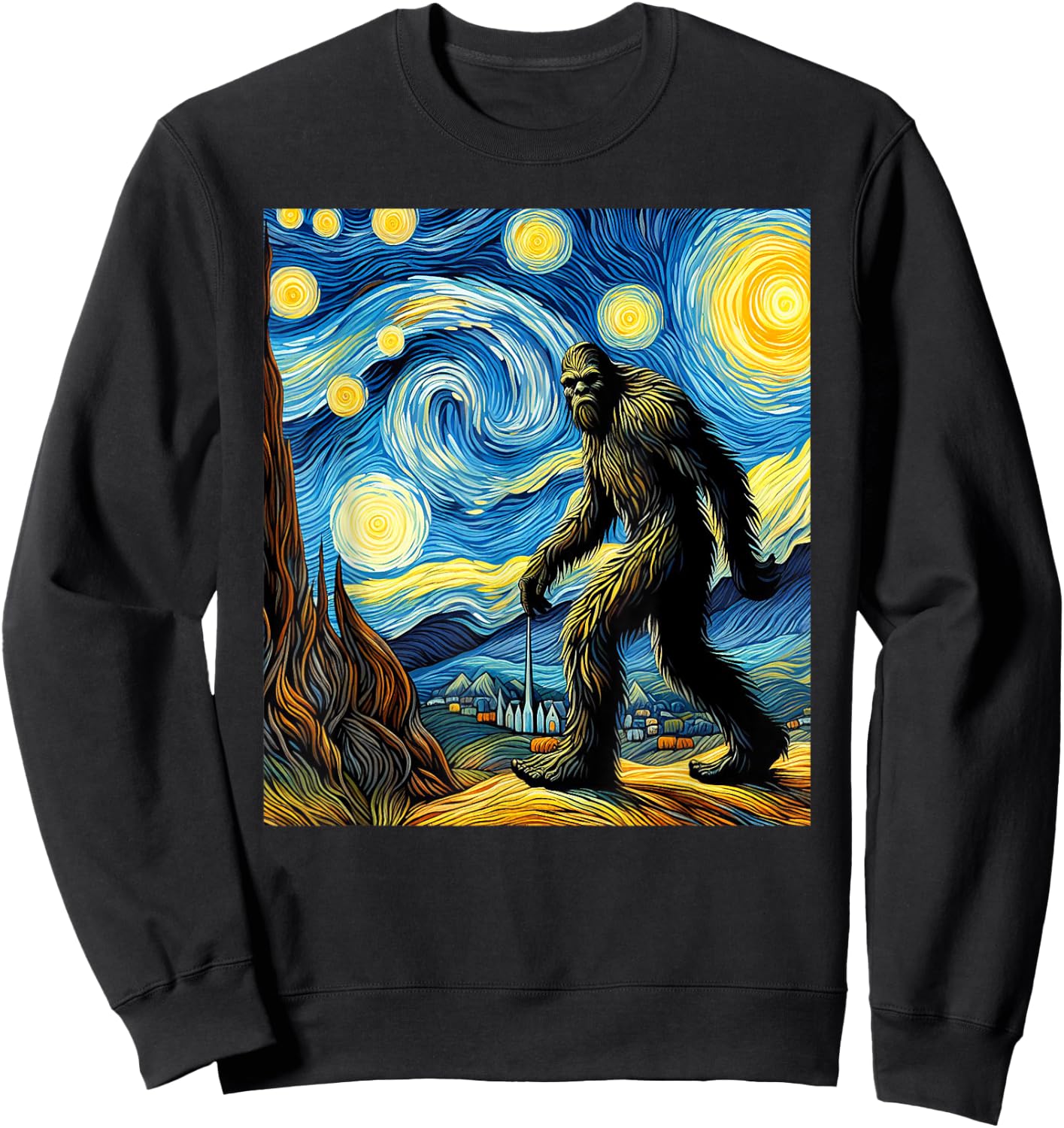 Funny Bigfoot Starry Night Sasquatch Van Gogh Sky Painting Sweatshirt - Sweatshirt | Black