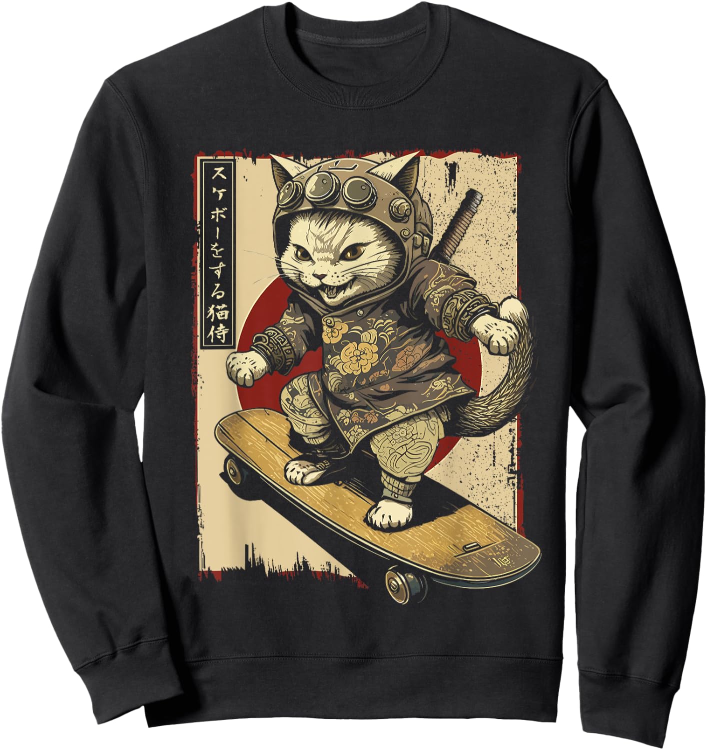 Japanese Skateboard Samurai Cat Tattoo Kawaii Ninja Cat Women Sweatshirt - Sweatshirt | Black