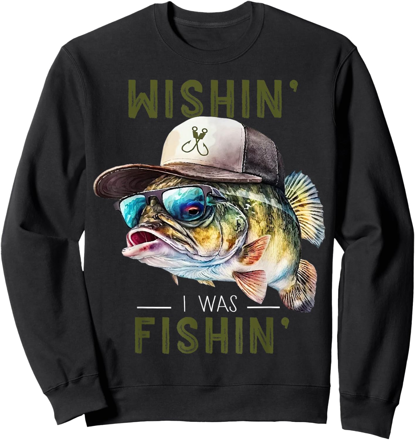 Wishin' Fishing Gift - Adults & Kids - Black - Short Sleeve - Fishing - Casual - - Size Small Sweatshirt - Sweatshirt | Black