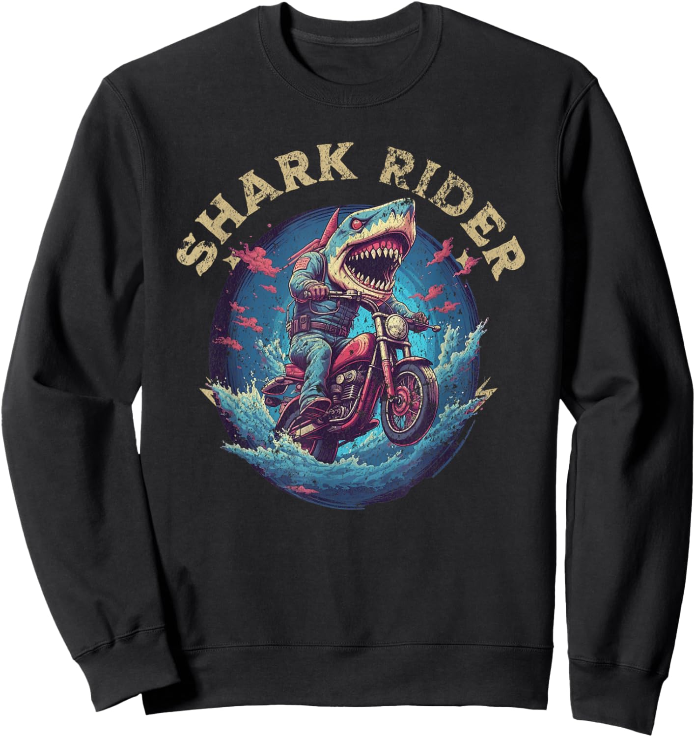 Funny Shark Rider Shark Head Riding on a Motorbike Lover Sweatshirt - Sweatshirt | Black