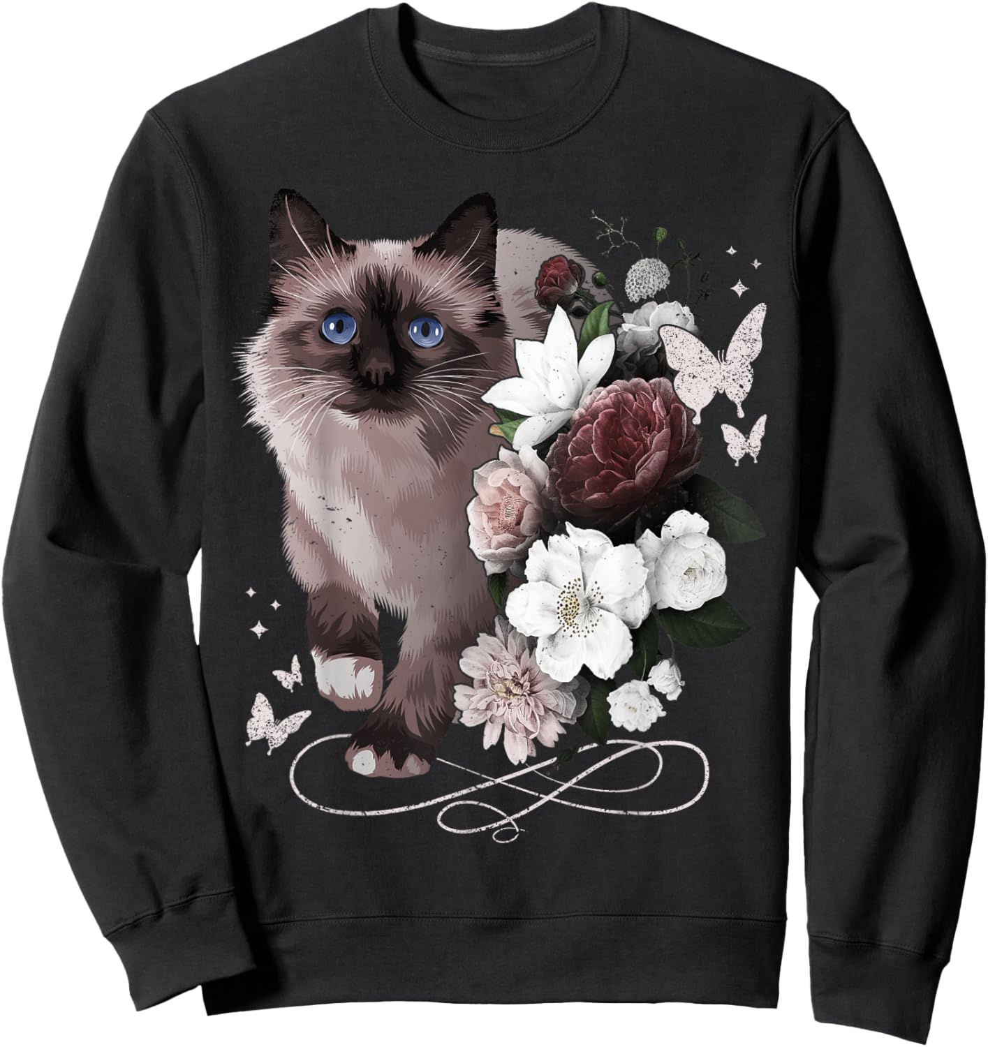 Siamese Cat with Flowers Vintage Look Floral Siamese Cat Sweatshirt - Sweatshirt | Black