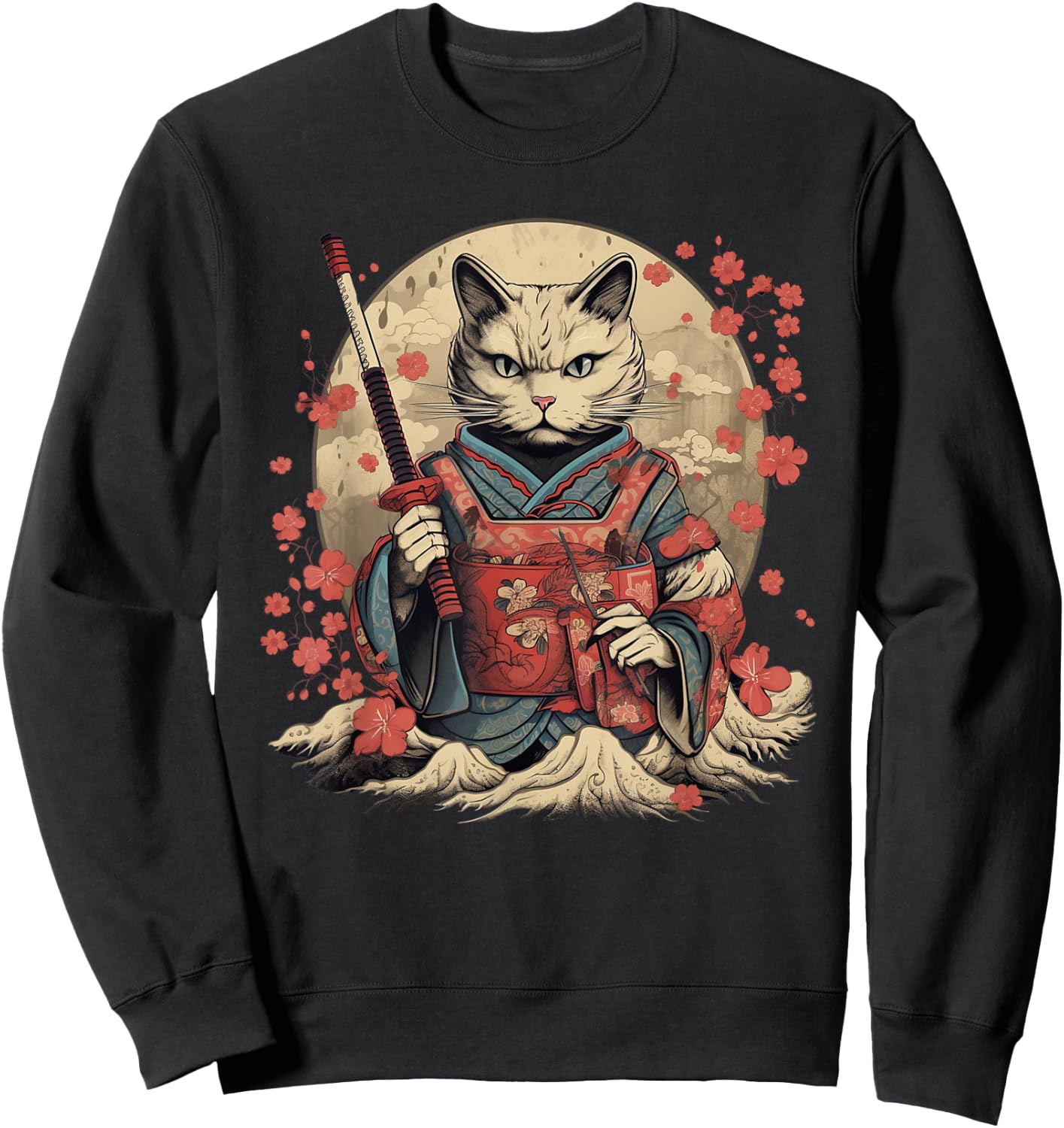 Vintage Japanese Samurai Ninja Cat Tattoo Kawaii Sweatshirt - Sweatshirt | Black