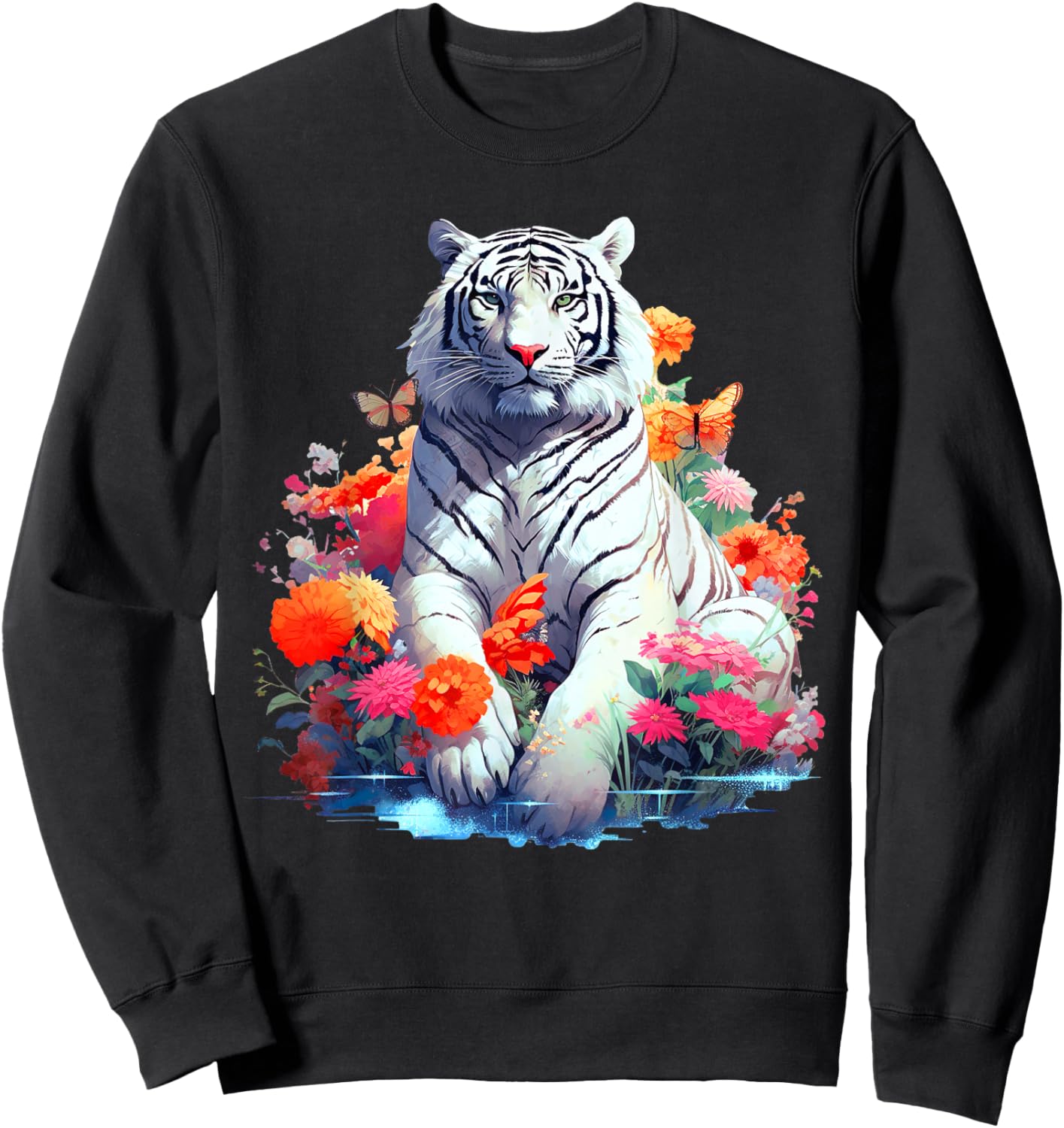Tiger in White - Flower Art - Animal Art Tiger Sweatshirt - Sweatshirt | Black