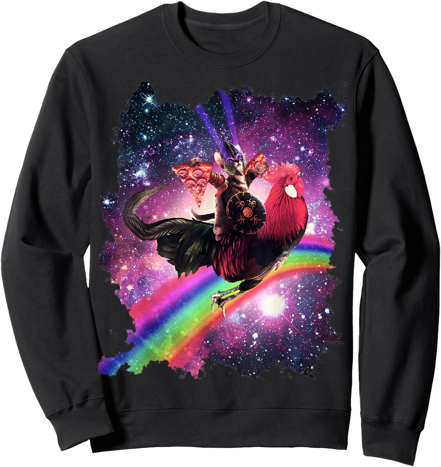 Lazer Warrior Space Cat Riding Chicken with Pizza Sweatshirt - Sweatshirt | Black