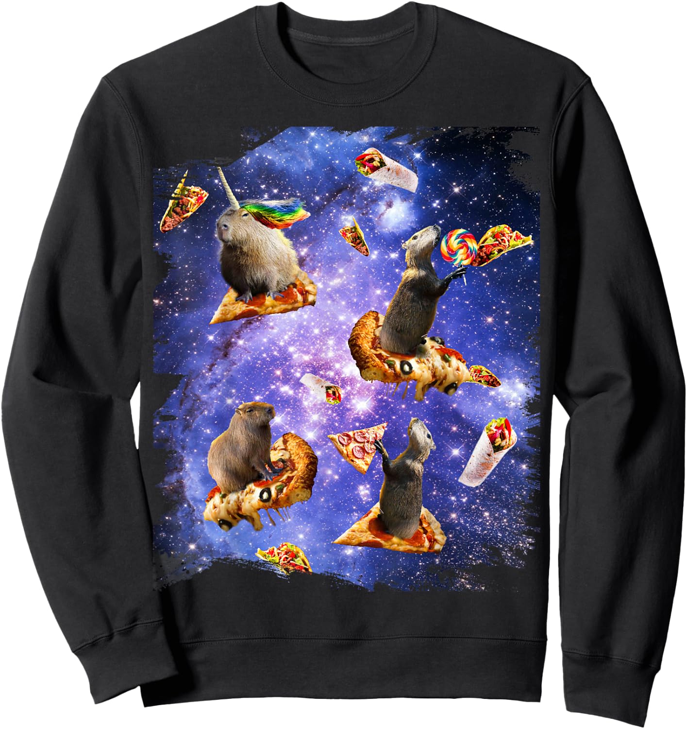 Space Capybara On Pizza Taco, Galaxy Capybaras Funny Sweatshirt - Sweatshirt | Black