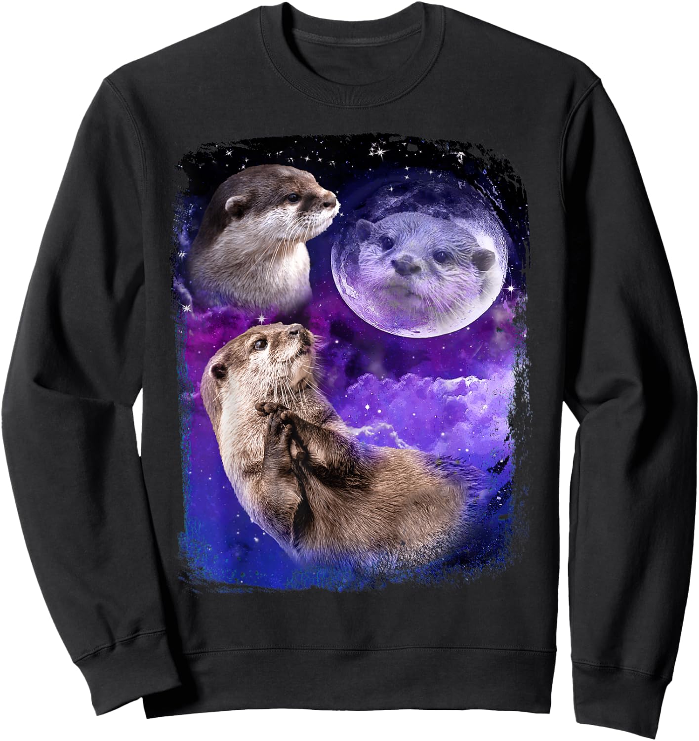 Funny Otter Lover Moon 3 Cute Otters Animals Meme Vintage Sweatshirt - Sweatshirt | Black