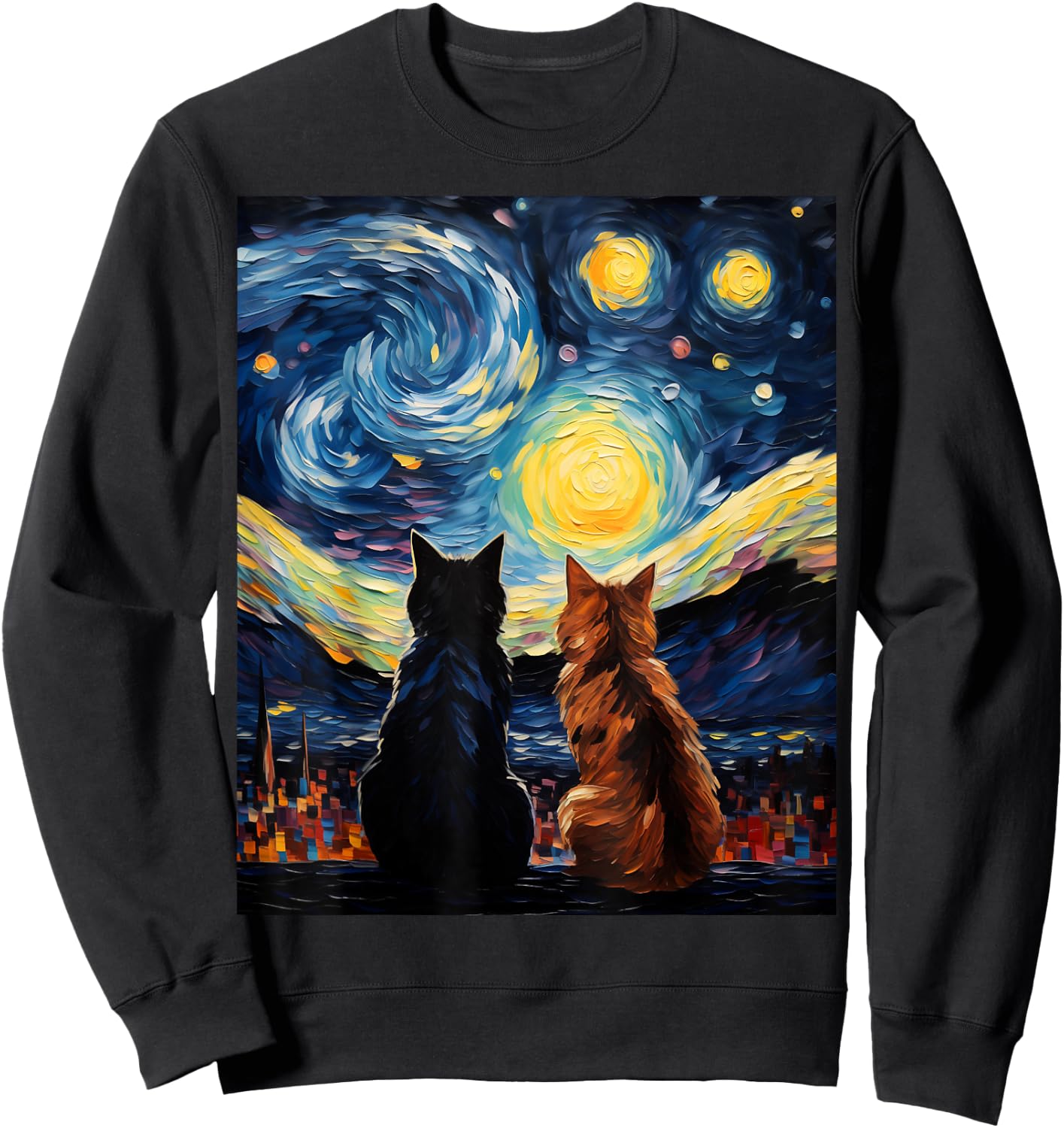Funny Couples Cats Lover Starry Night Vincent van Gogh Cat Women Girls Kids Sweatshirt - Sweatshirt | Black
