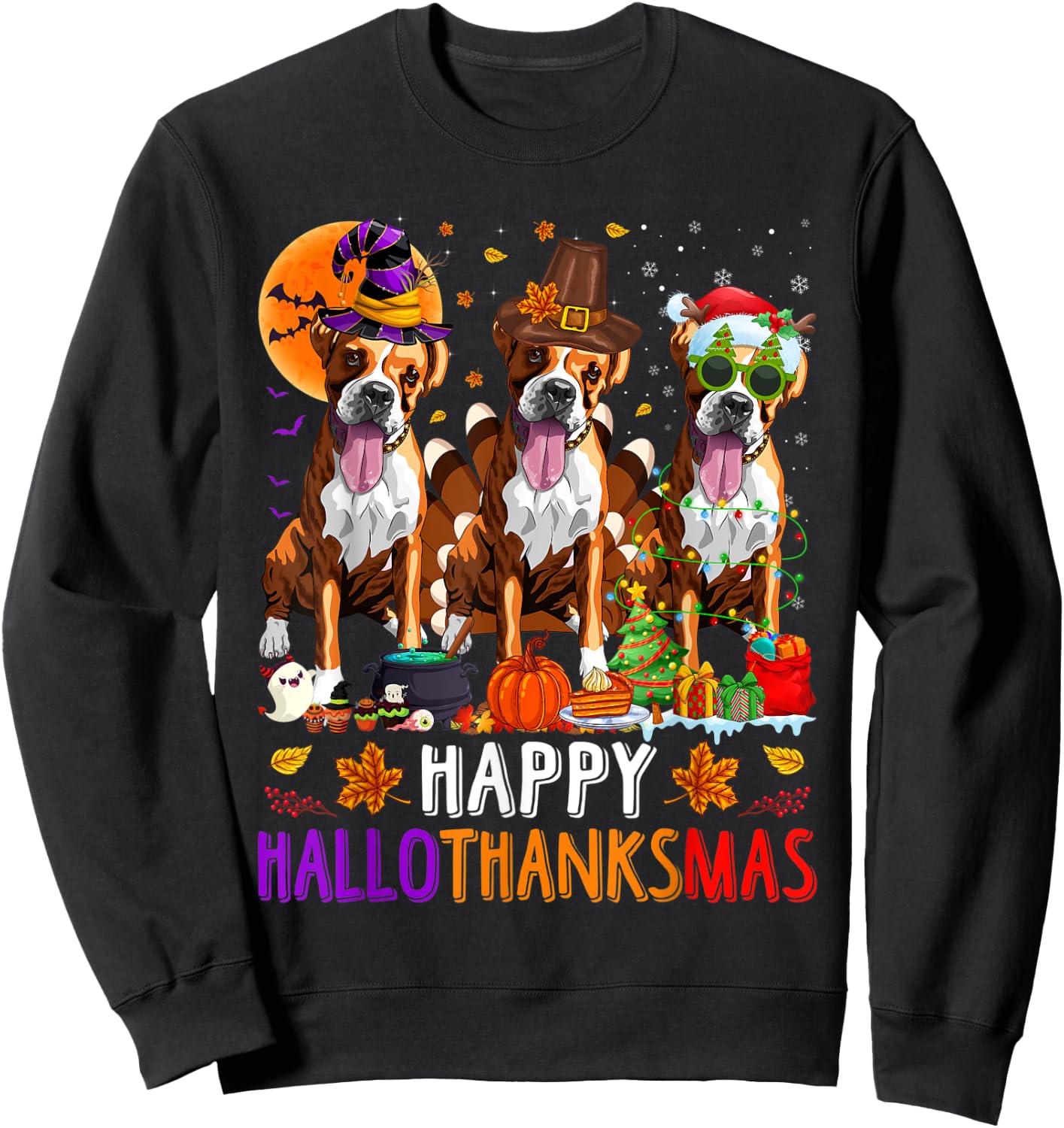 Happy Hallothanksmas Boxer Dog Halloween Christmas Sweatshirt - Sweatshirt | Black