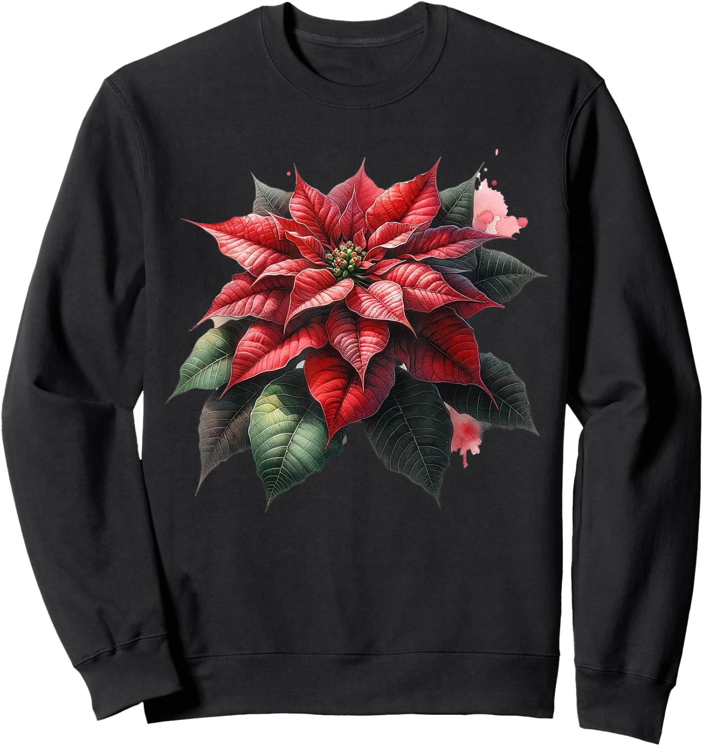 Poinsettia Watercolor Flower Holiday Christmas Graphics Sweatshirt - Sweatshirt | Black