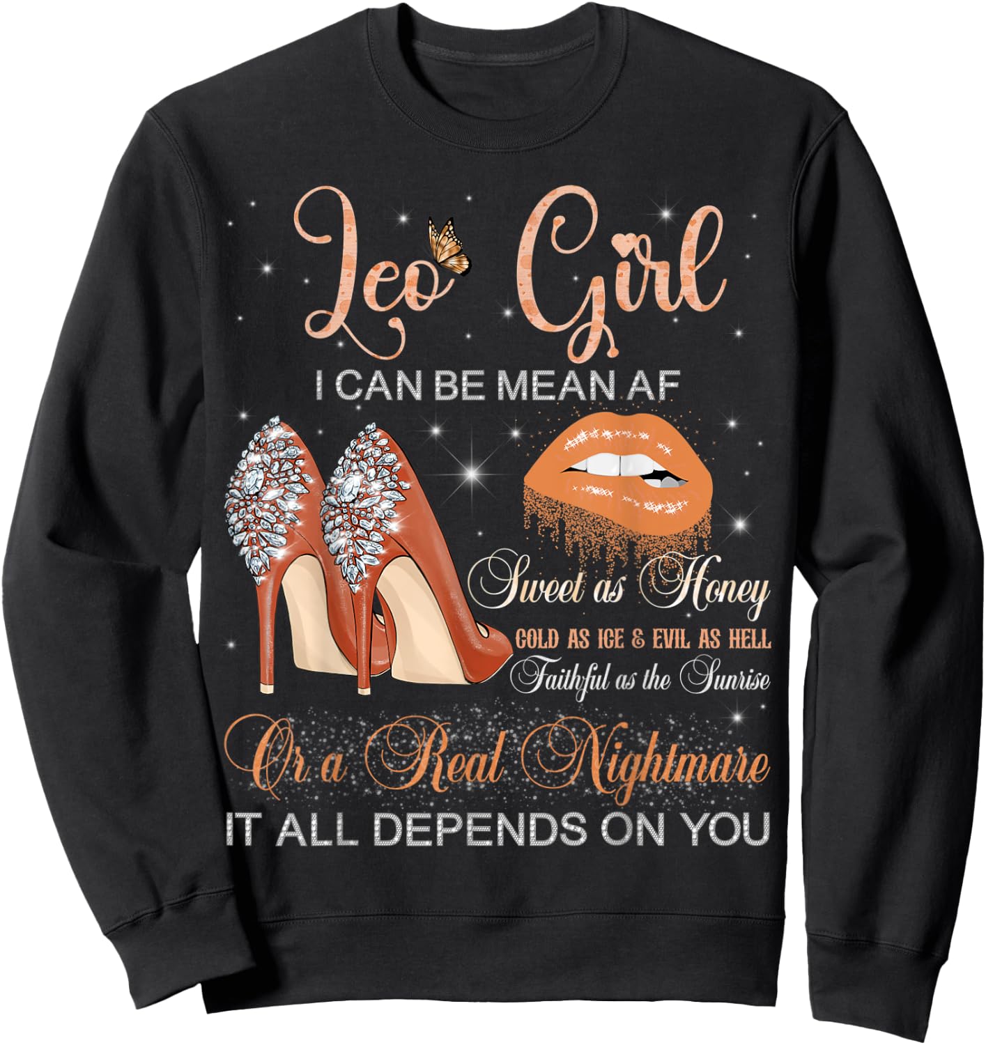 Leo Girl Zodiac Birthday High Heels Dripping Lips Butterfly Sweatshirt - Sweatshirt | Black