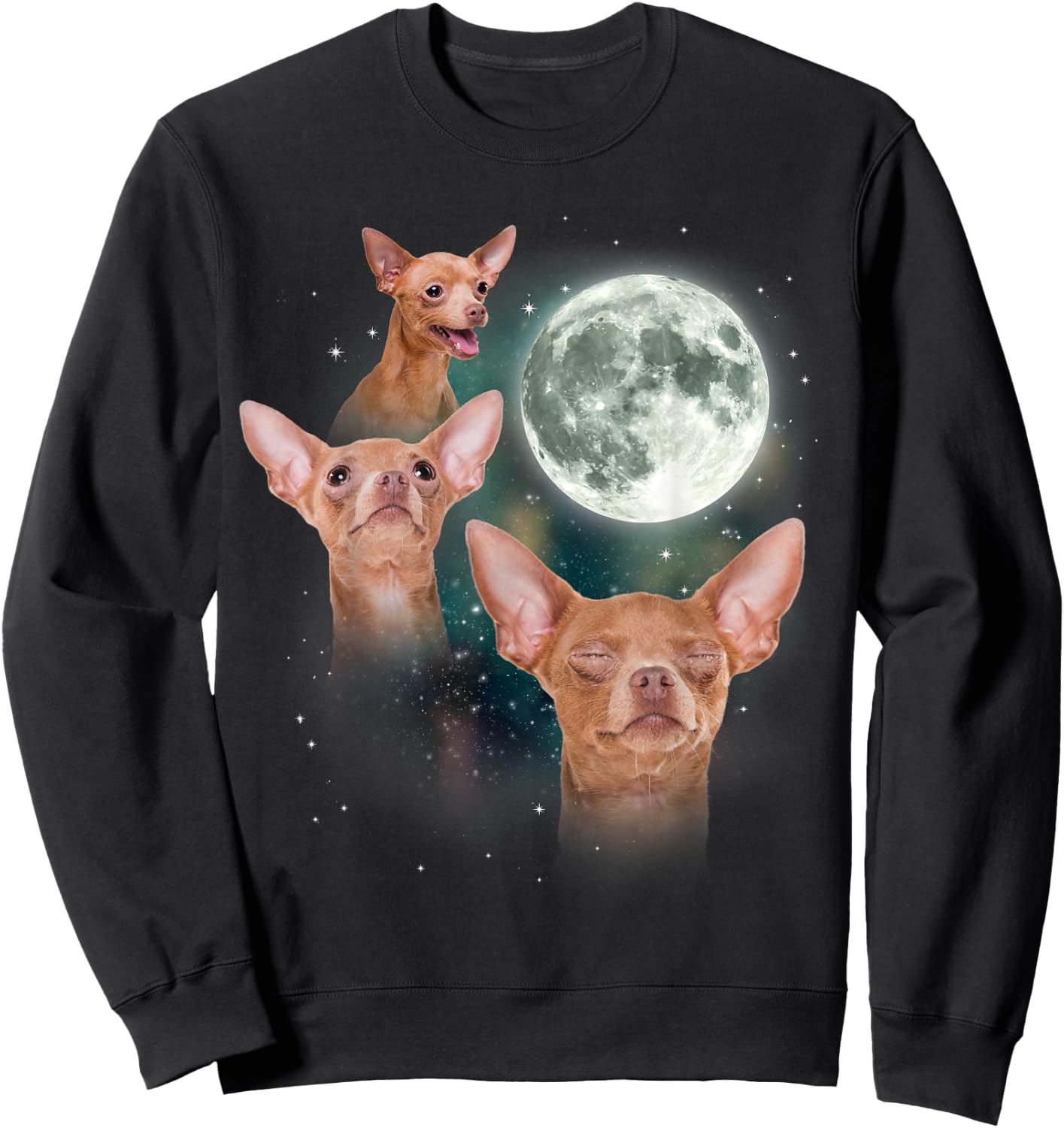 Three Chihuahua Moon 3 Dog Meme Funny Wolves Howling Parody Sweatshirt - Sweatshirt | Black