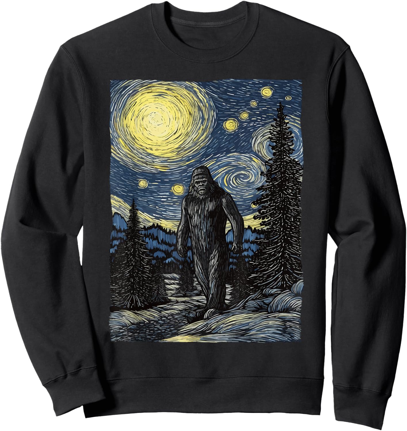 Bigfoot Starry Night Sasquatch Van Gogh Painting Art Sweatshirt - Sweatshirt | Black