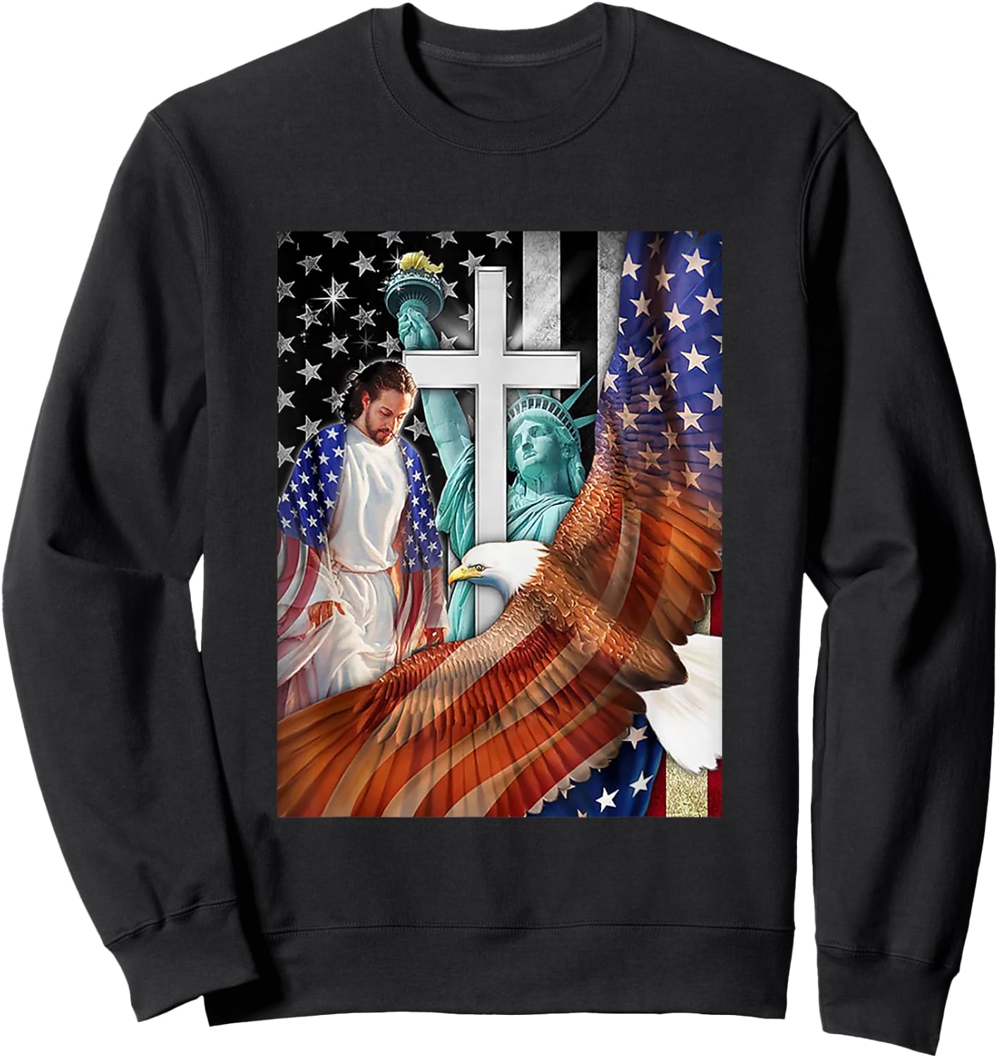 Bald Eagle with Jesus Christ and American Flag Women Kids Men Sweatshirt - Sweatshirt | Black