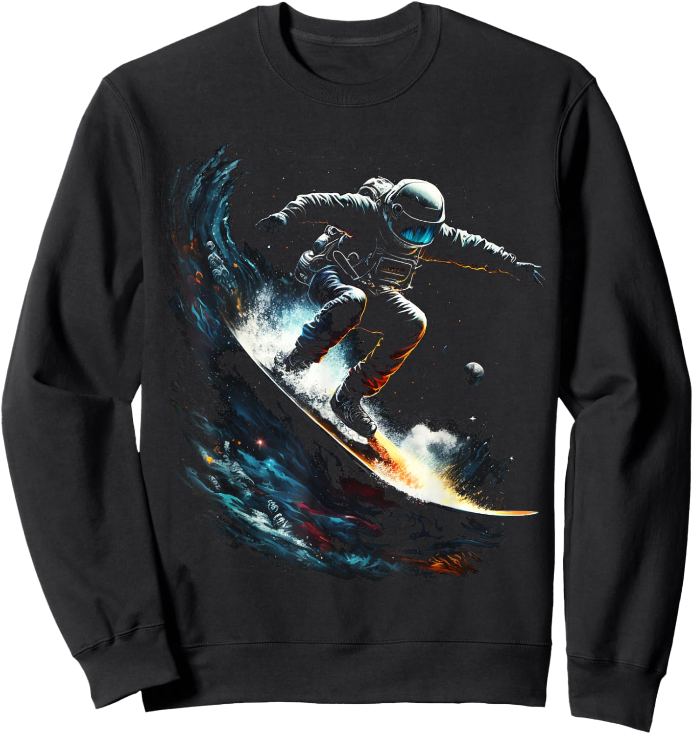 Astronaut surfs space waves, universe galaxy planets sci-fi Sweatshirt - Sweatshirt | Black
