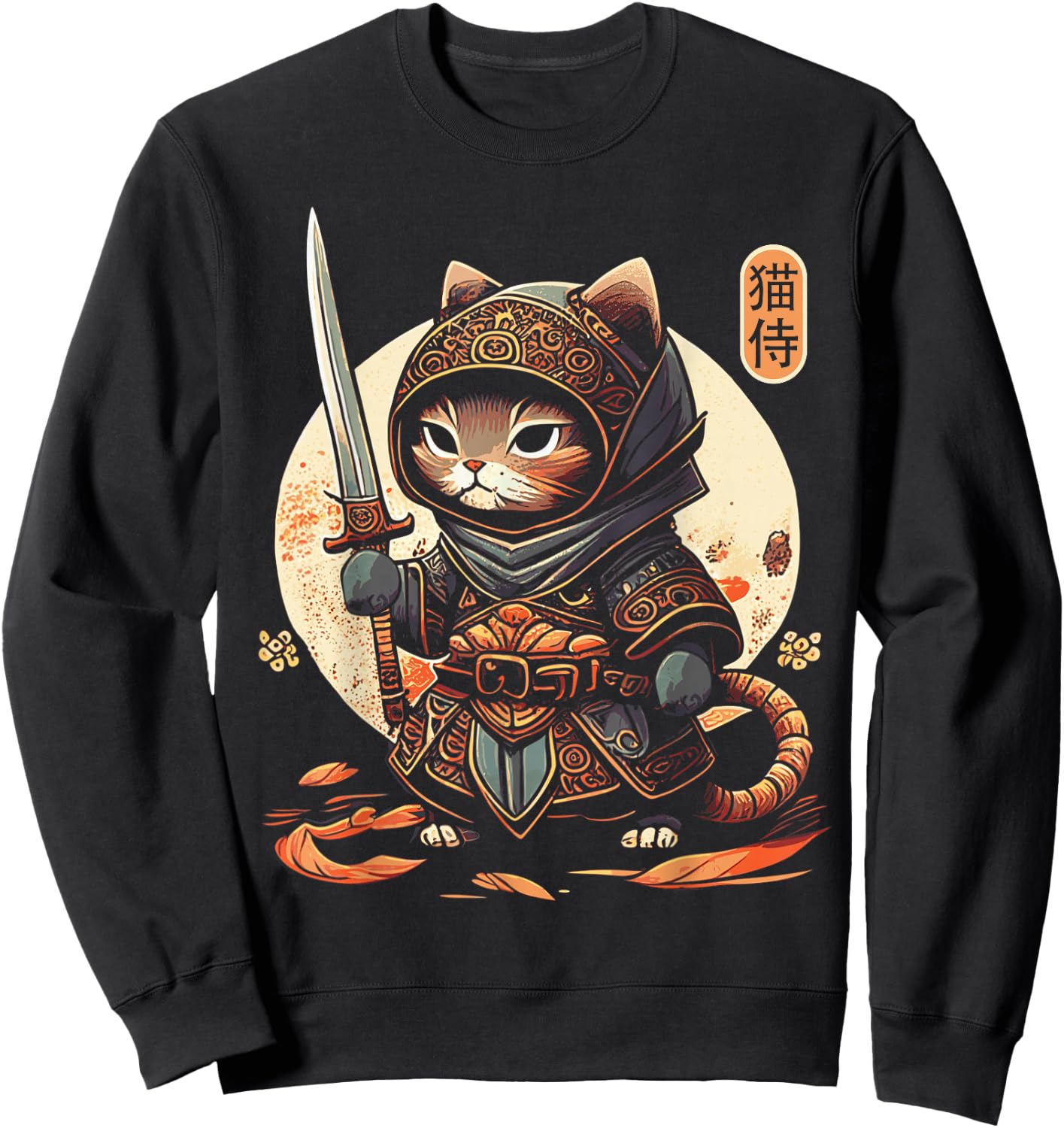 Japanese Samurai Cat Tattoo Kawaii Ninja Cat Sweatshirt - Sweatshirt | Black