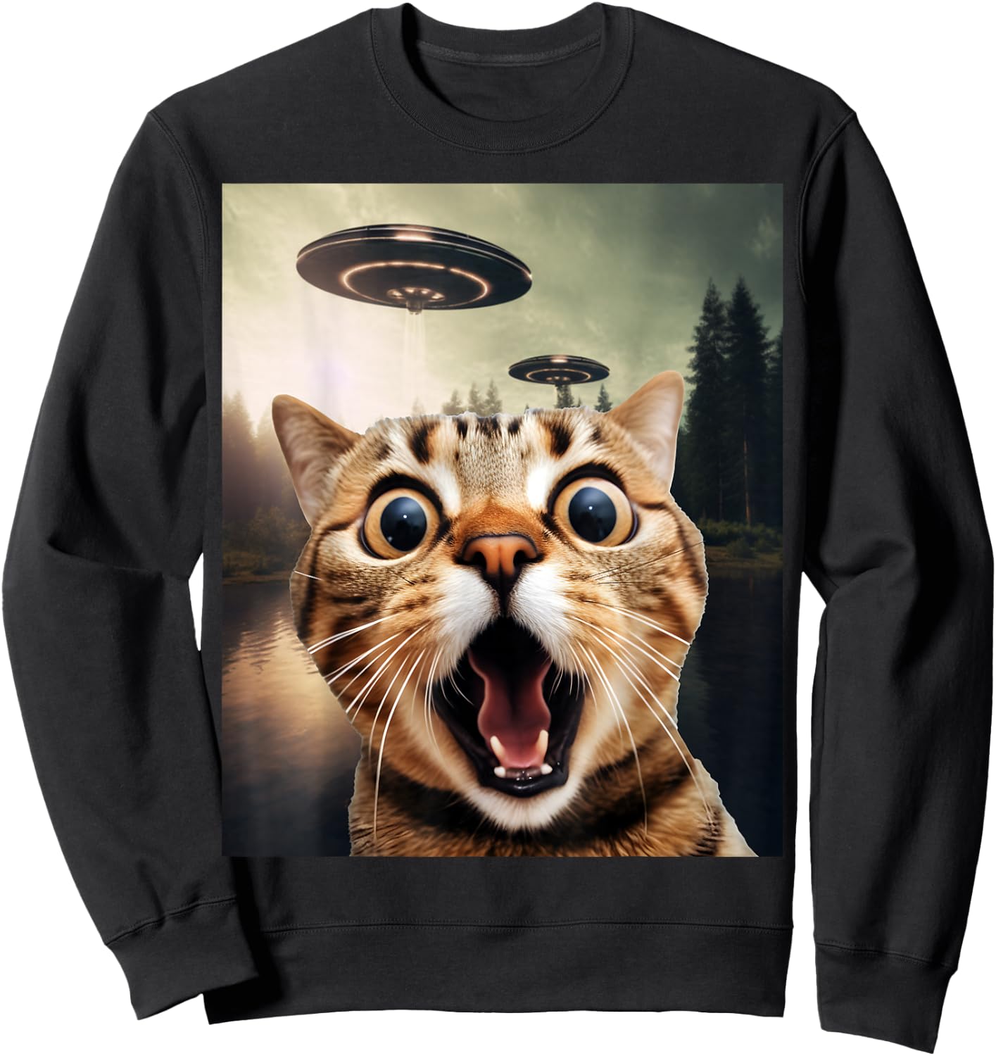 Alien UFO Funny Cat Shirt - Funny Cat Shirts for Cat Dad/Mom Sweatshirt - Sweatshirt | Black