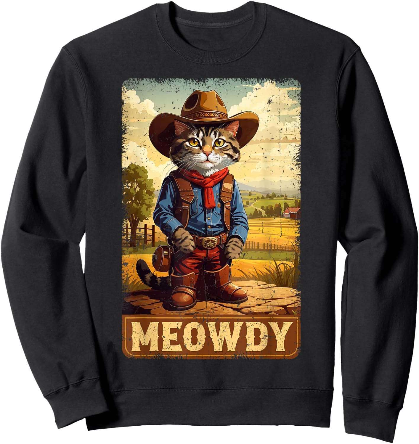 Meowdy Funny Country Side Cat Hat Vintage Cowboy Cat Sweatshirt - Sweatshirt | Black