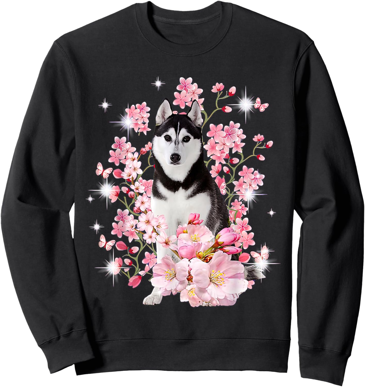 Husky Dog Japanese Cherry Blossom Sakura Flower Sweatshirt - Sweatshirt | Black