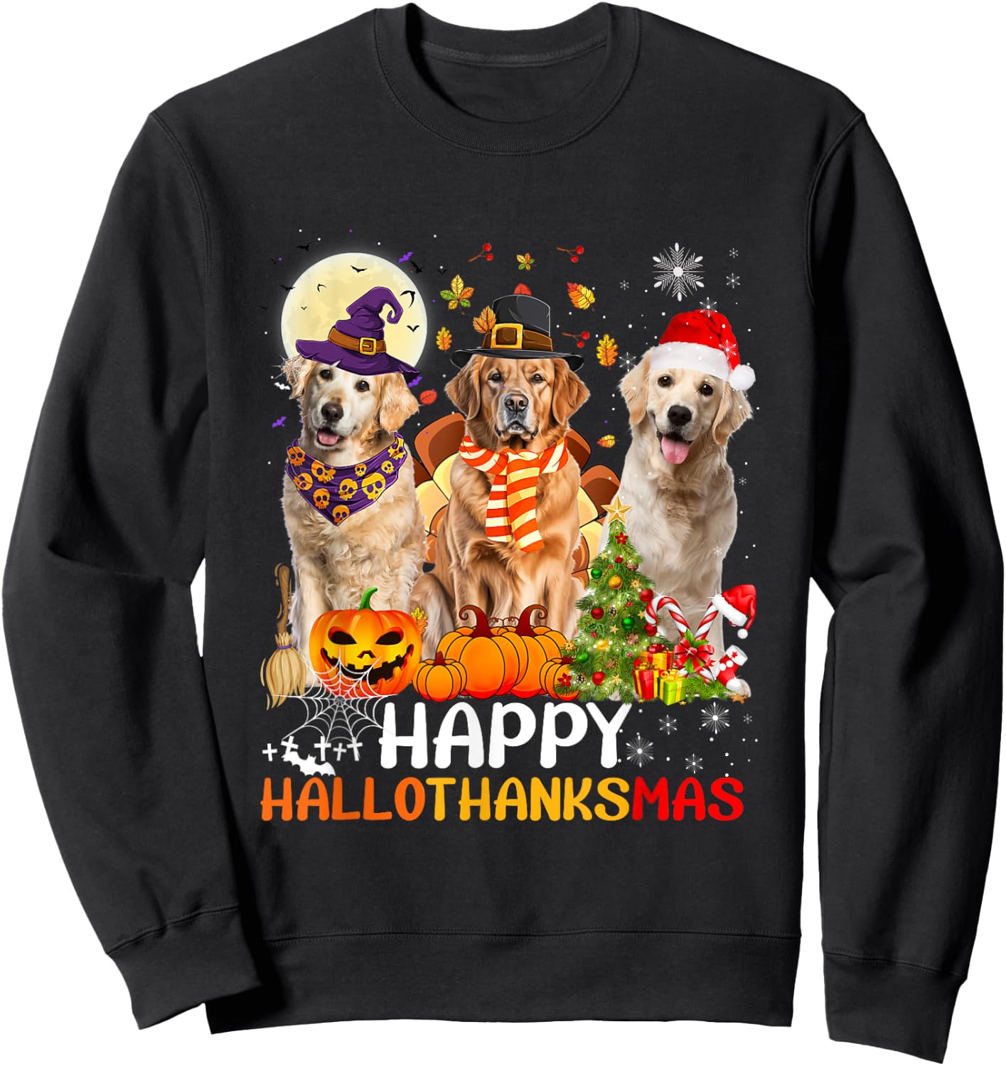 Cute Golden Retriever Happy Hallothanksmas Halloween Xmas Sweatshirt - Sweatshirt | Black