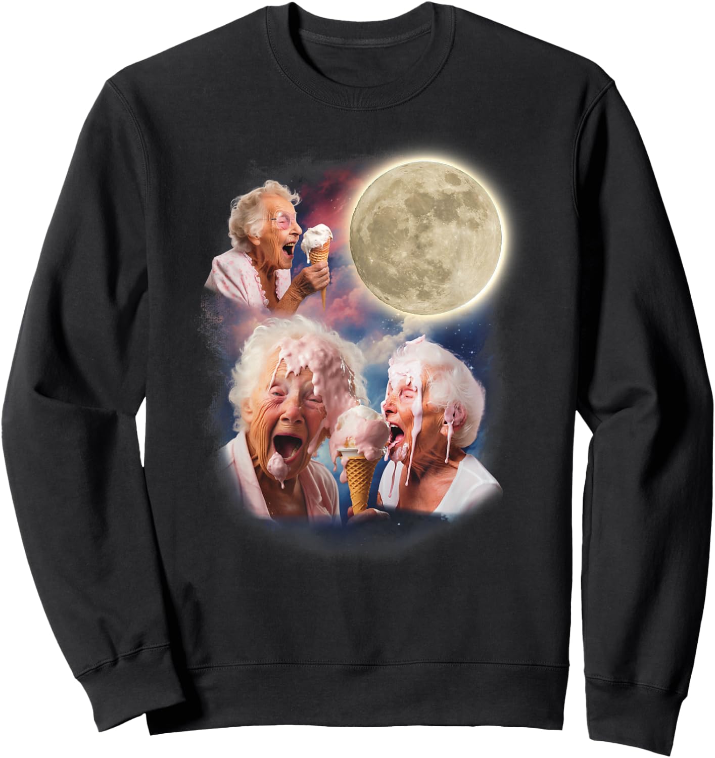 Three Granny Moon Funny Old Ladies Moon Weird Cursed Meme Sweatshirt - Sweatshirt | Black