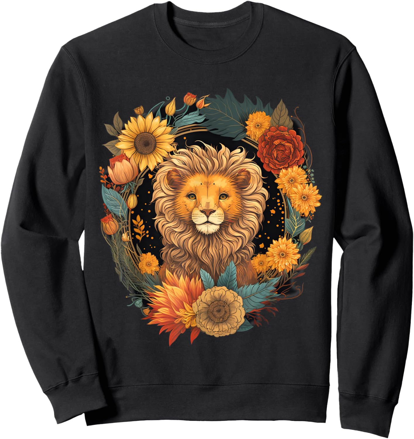 Sunflower Hippie Floral Lion Sweatshirt - Sweatshirt | Black