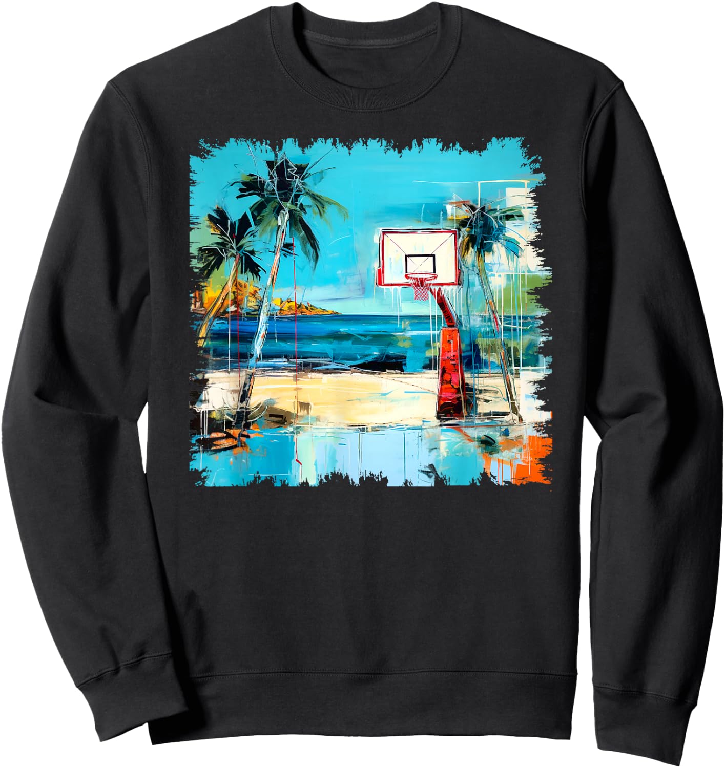 Basketball Hoop Tropical Sea Beach Stylish Street Art Design Sweatshirt - Sweatshirt | Black